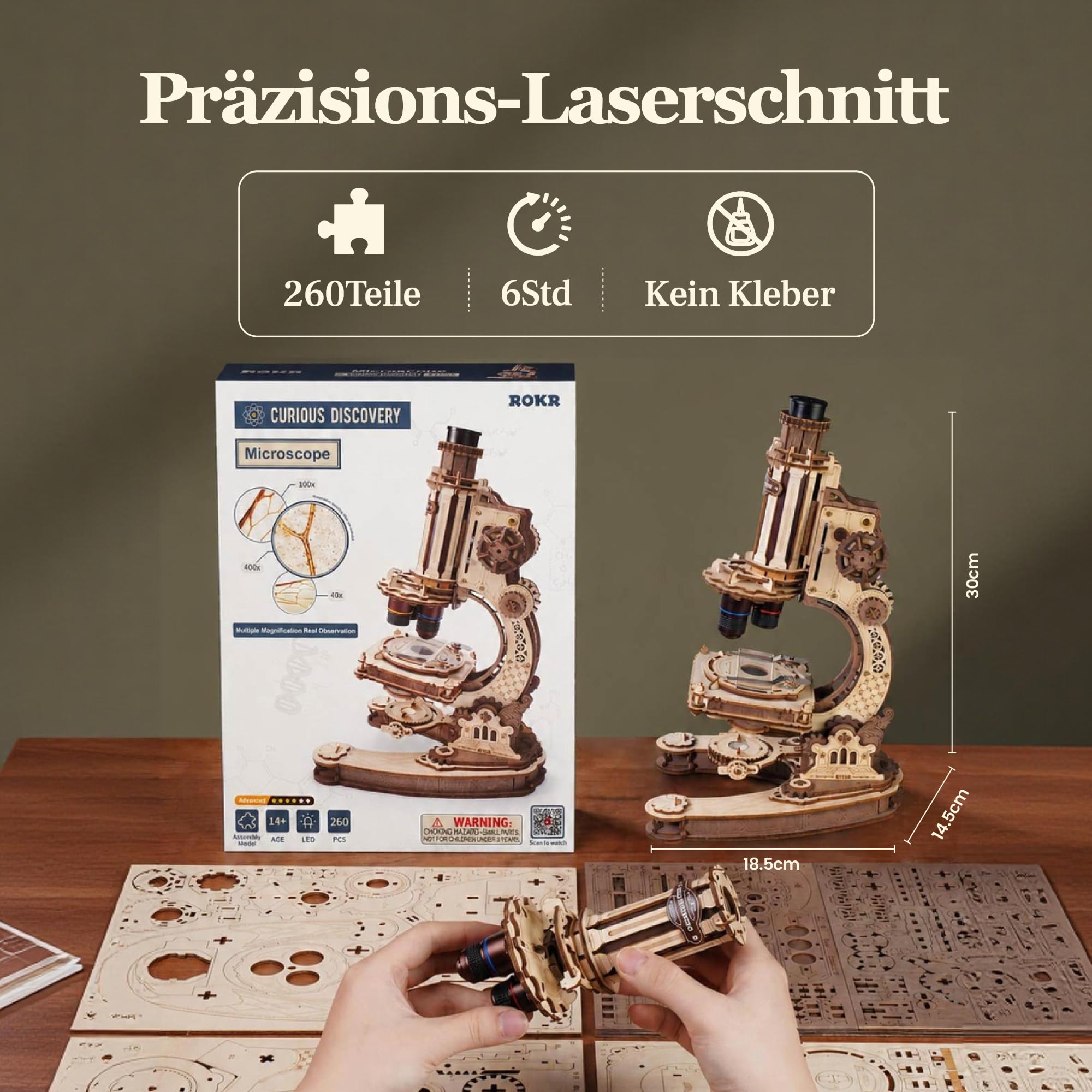ROKR 400x Funktionsfähiges Mikroskop 3D HolzPuzzle Bausatz，ST005 | STEM Wissenschaftsspielzeug, Geschenk für Erwachsene und Jugendliche