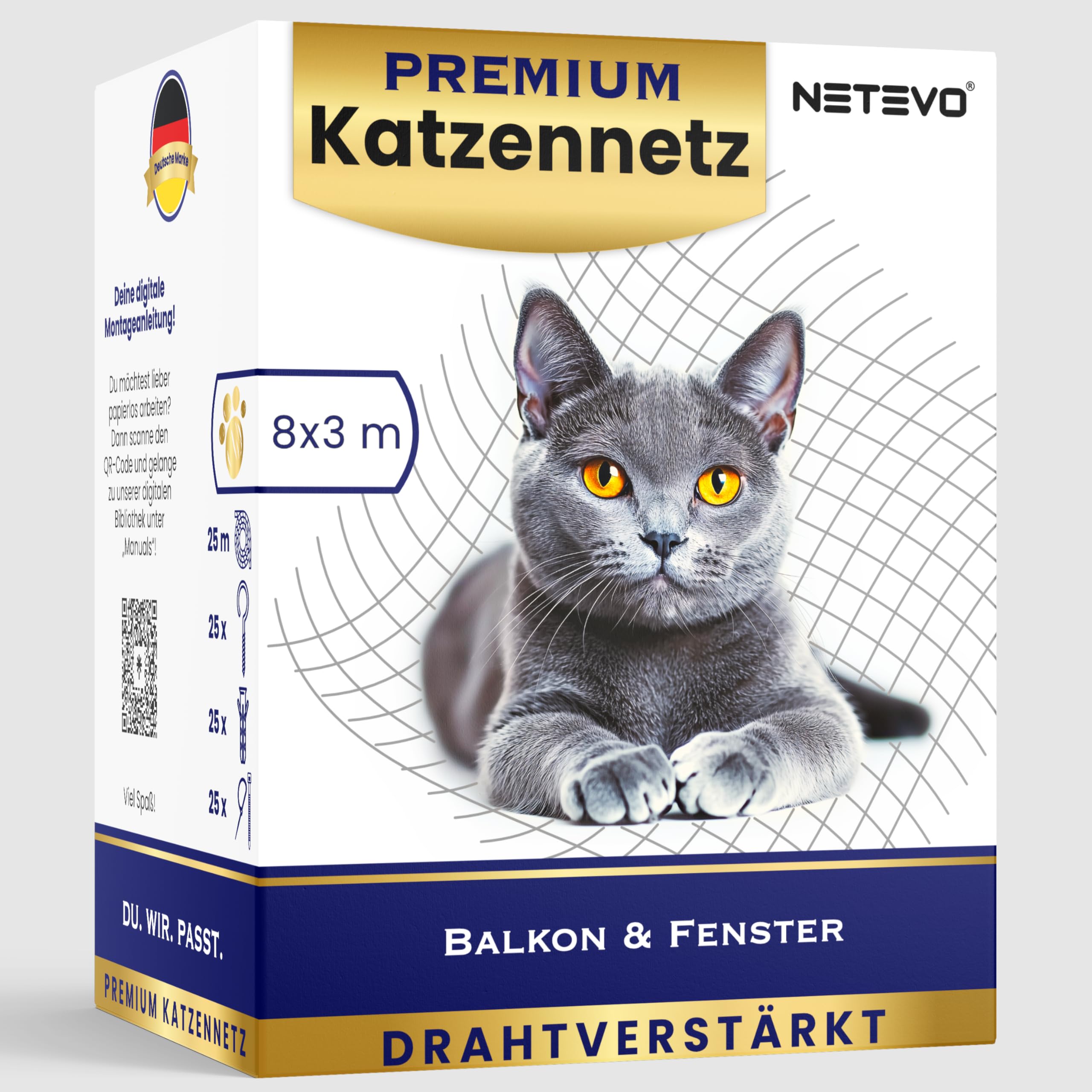 Rete per gatti per balcone, filo rinforzato, rete di protezione per gatti, con accessori, 3 x 8 m, colore nero