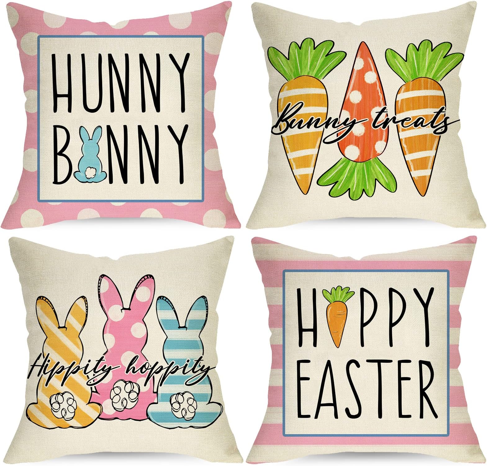 Ussap Happy Easter Hunny Bunny Pink Decorative Throw Pillow Covers 16 x 16 Set of 4, Rabbit Hippity Hoppity Cushion Case Decor, Bunny Treats Carrots Spring Home Decoration for Sofa Couch