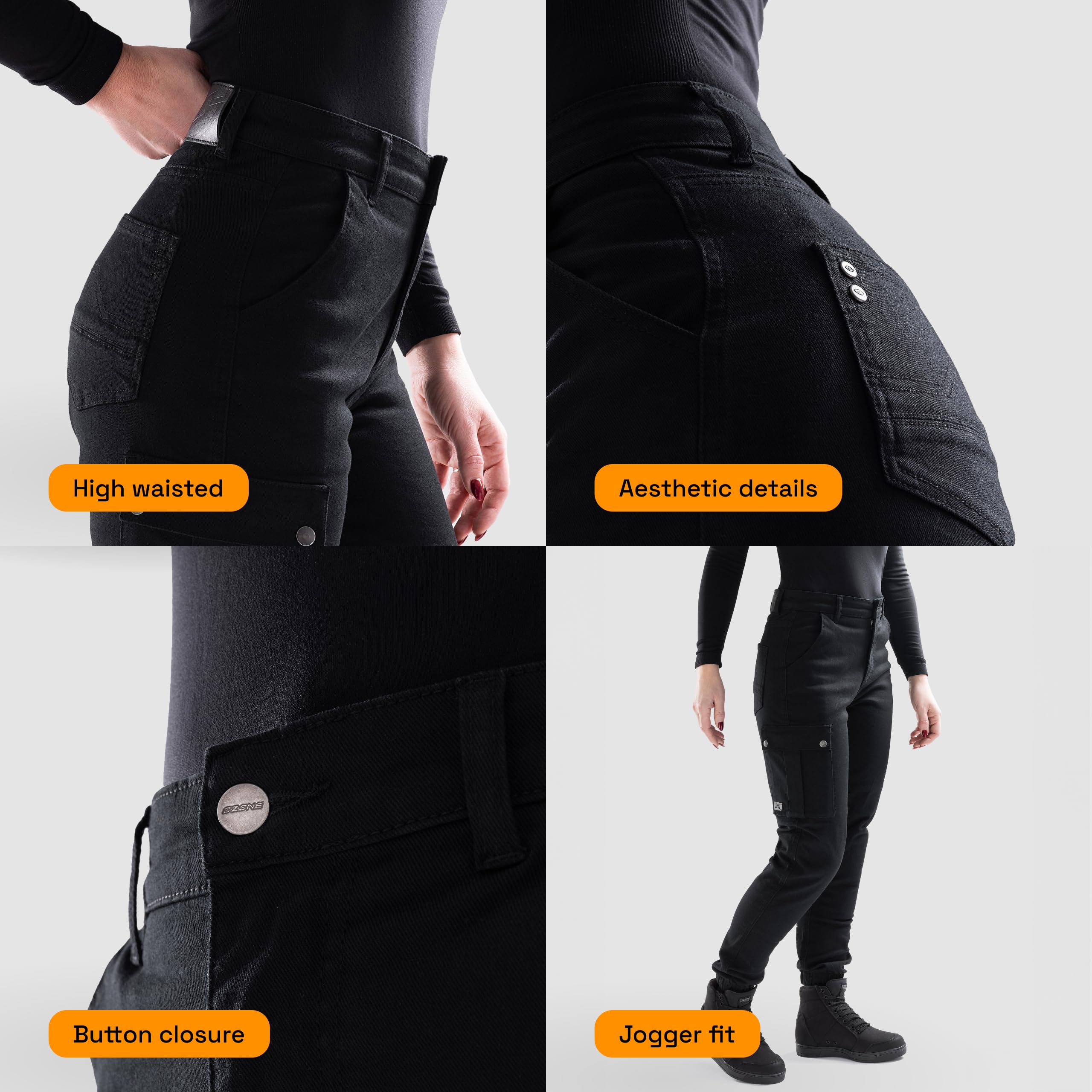 OZONE MOTO Jane Lady Pantalon Jeans de Moto Femme | Doublure en Fibre d'aramide | Protections Genoux Niveau 2 | Poches pour Protections de Hanches et de Coccyx | Poche Cargo | Jogger Fit