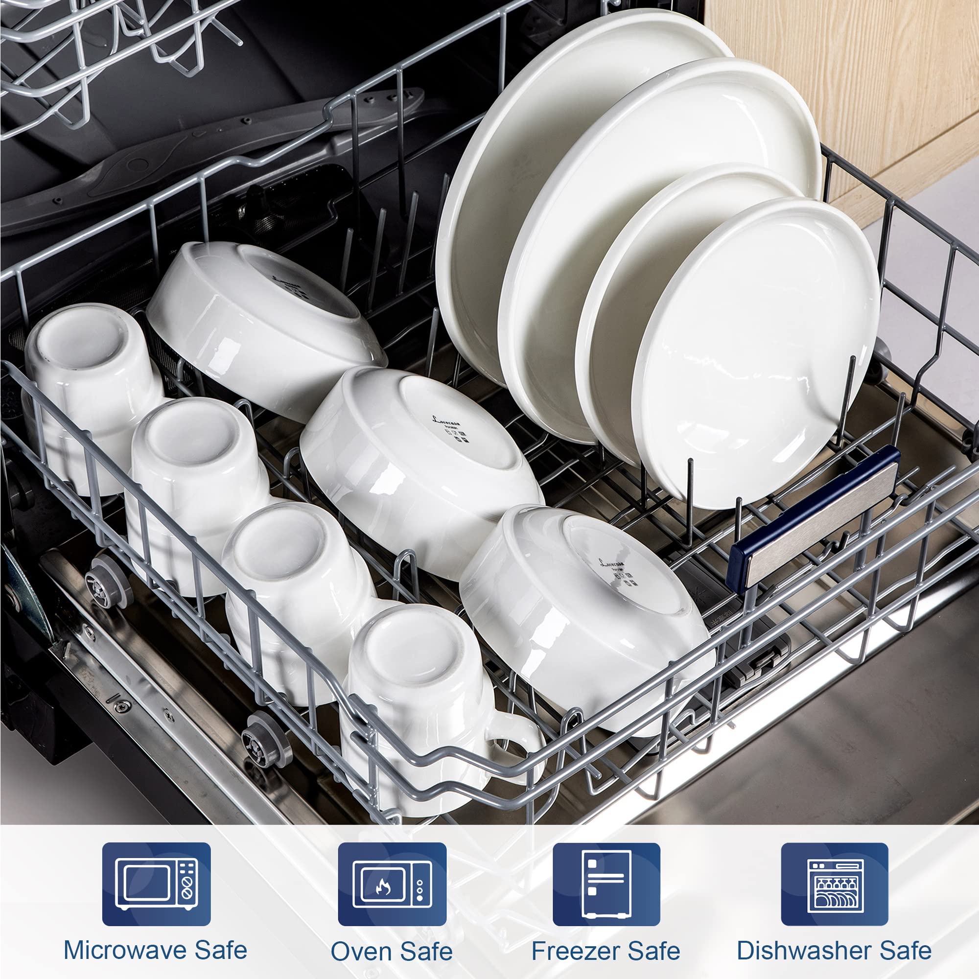 LOVECASA, Série SWEET, 32 Pcs Service de Table Porcelaine en Forme de Bord Debout, Service Complet Empilable pour 8 Personnes, Assiette Plate, Assiette à Dessert, Bols, Tasse Mug - Blanc