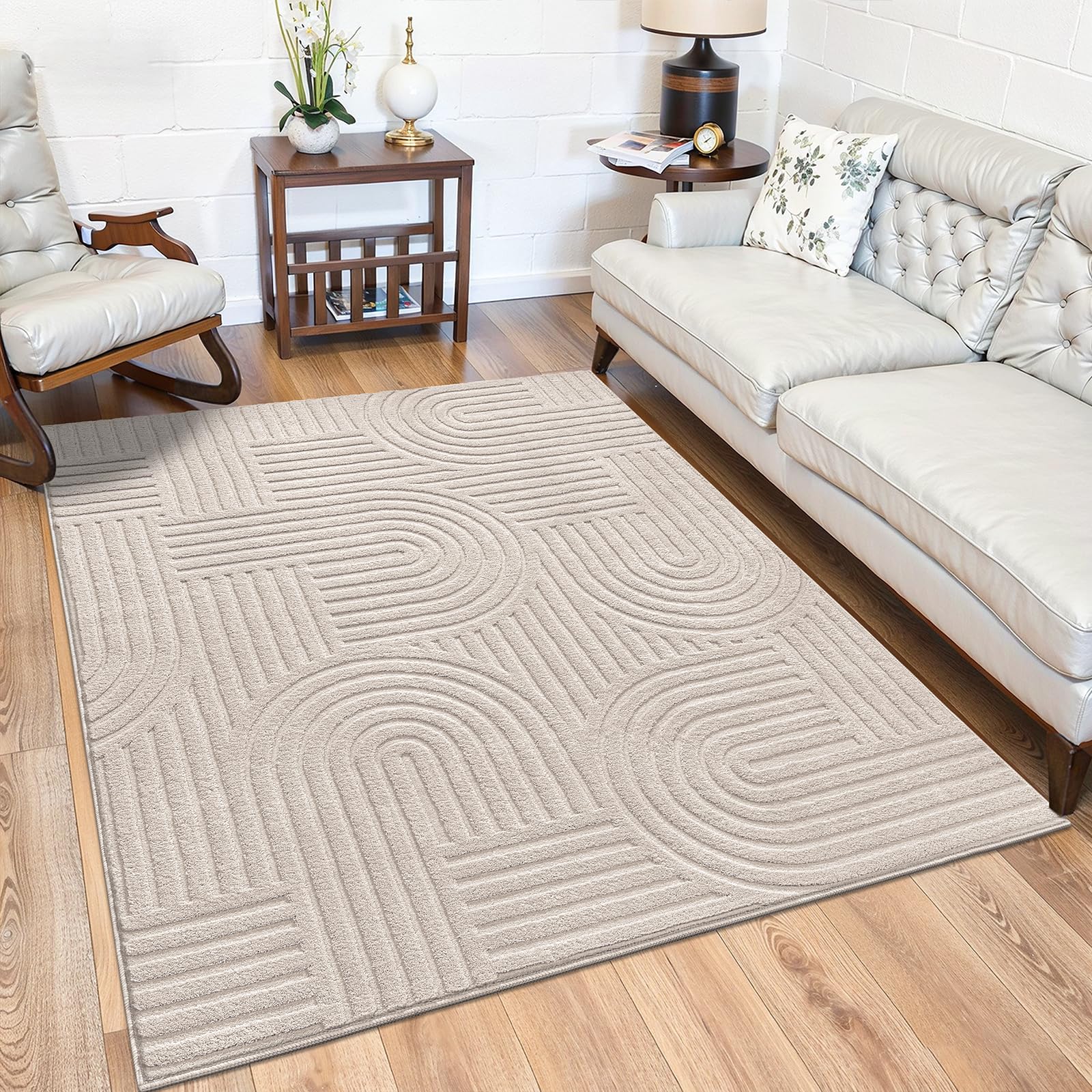 SHACOS Soft Cozy Fluffy Arch Rugs 4'x5'3" Non Slip Washable Modern Geometric Area Rug High Low Pile Stain Resistant Contemporary Carpet for Living