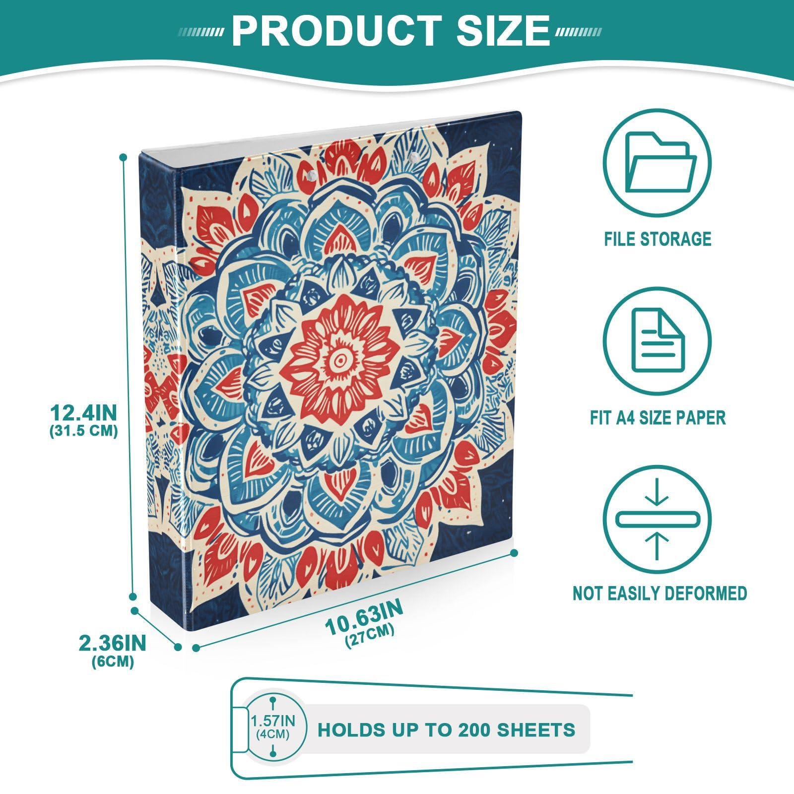 Confezione da 2 raccoglitori a 3 anelli, motivo floreale mandala, 3,8 cm, con 3 tasche trasparenti, portablocco e contiene 200 fogli, per ufficio, scuola, organizzazione della casa