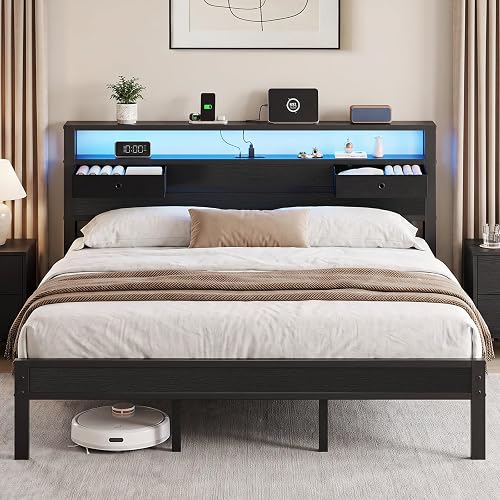 King Size Bed Frame with Storage Headboard and 2 Fabric Drawers