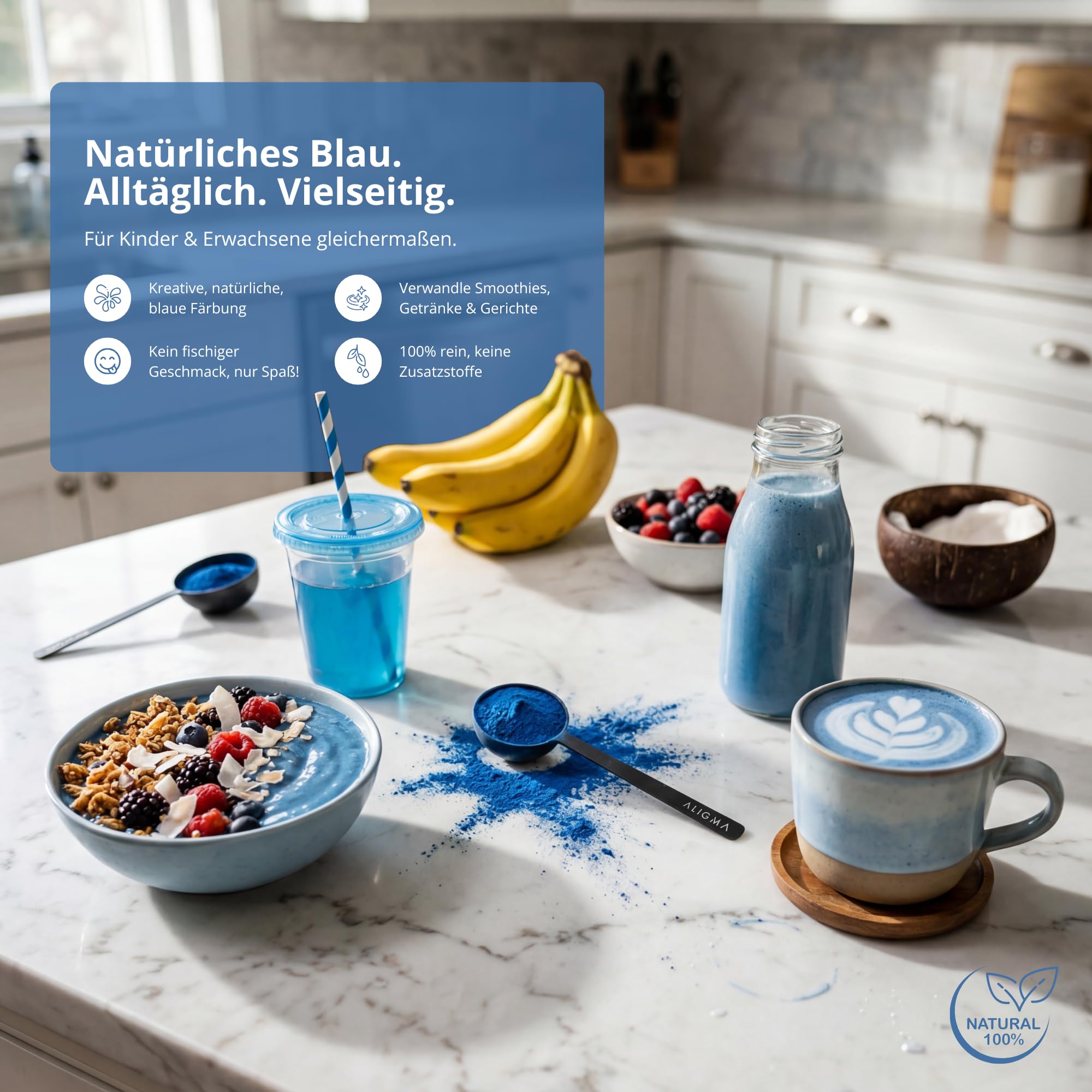 Aligma Bio-Spirulina-Pulver blau 75 Gramm | 100% natürliches Phycocyanin für Smoothies – leuchtend blauer Lebensmittelfarbstoff und proteinreicher Inhaltsstoff | Wiederverschließbare Verpackung