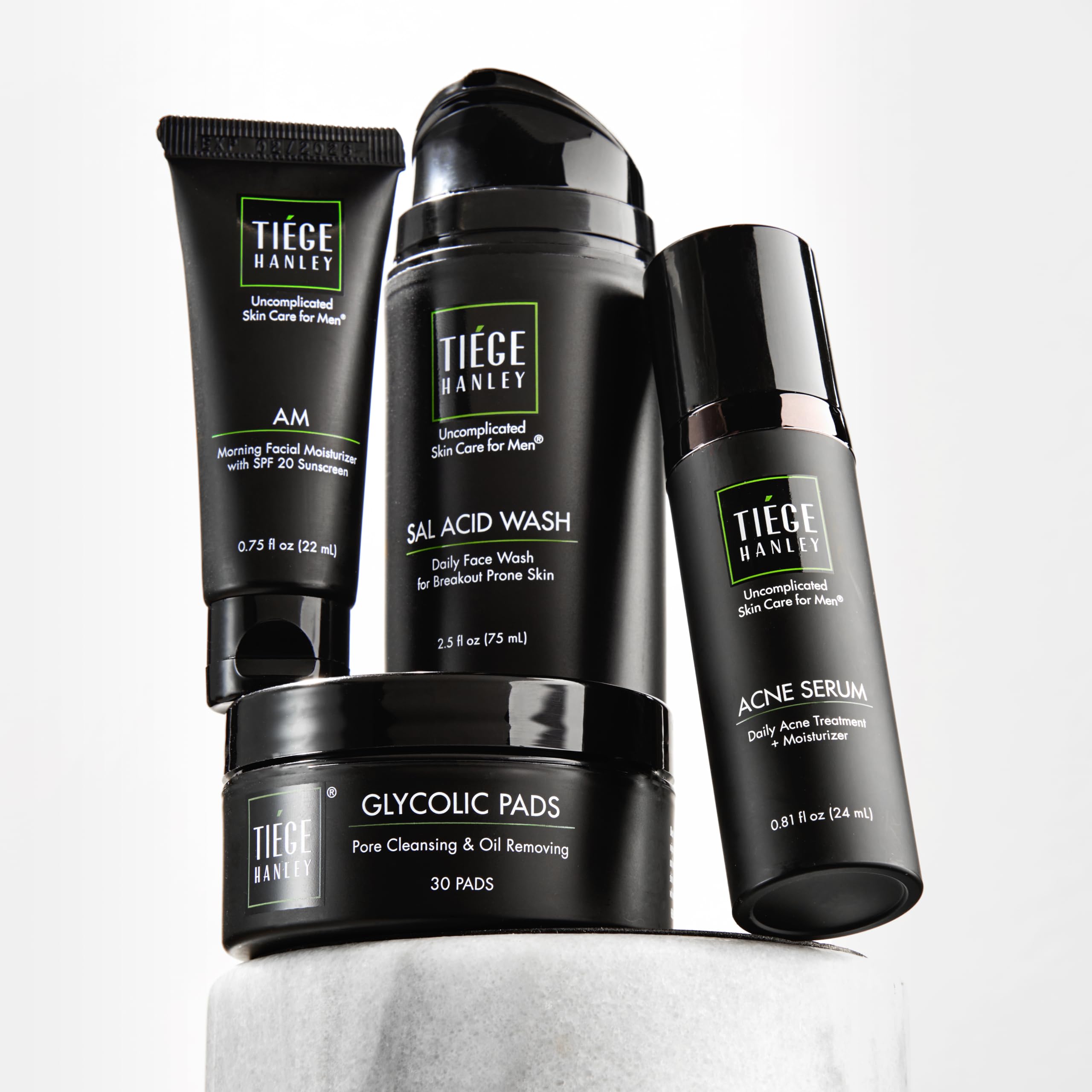 Tiege HanleyMen's Acne Treatment System (Level 2) - TiegeClear Advanced Routine for Smooth Skin - Includes Sal Acid Wash, Glycolic Acid Pads, and Serum - All Skin Types