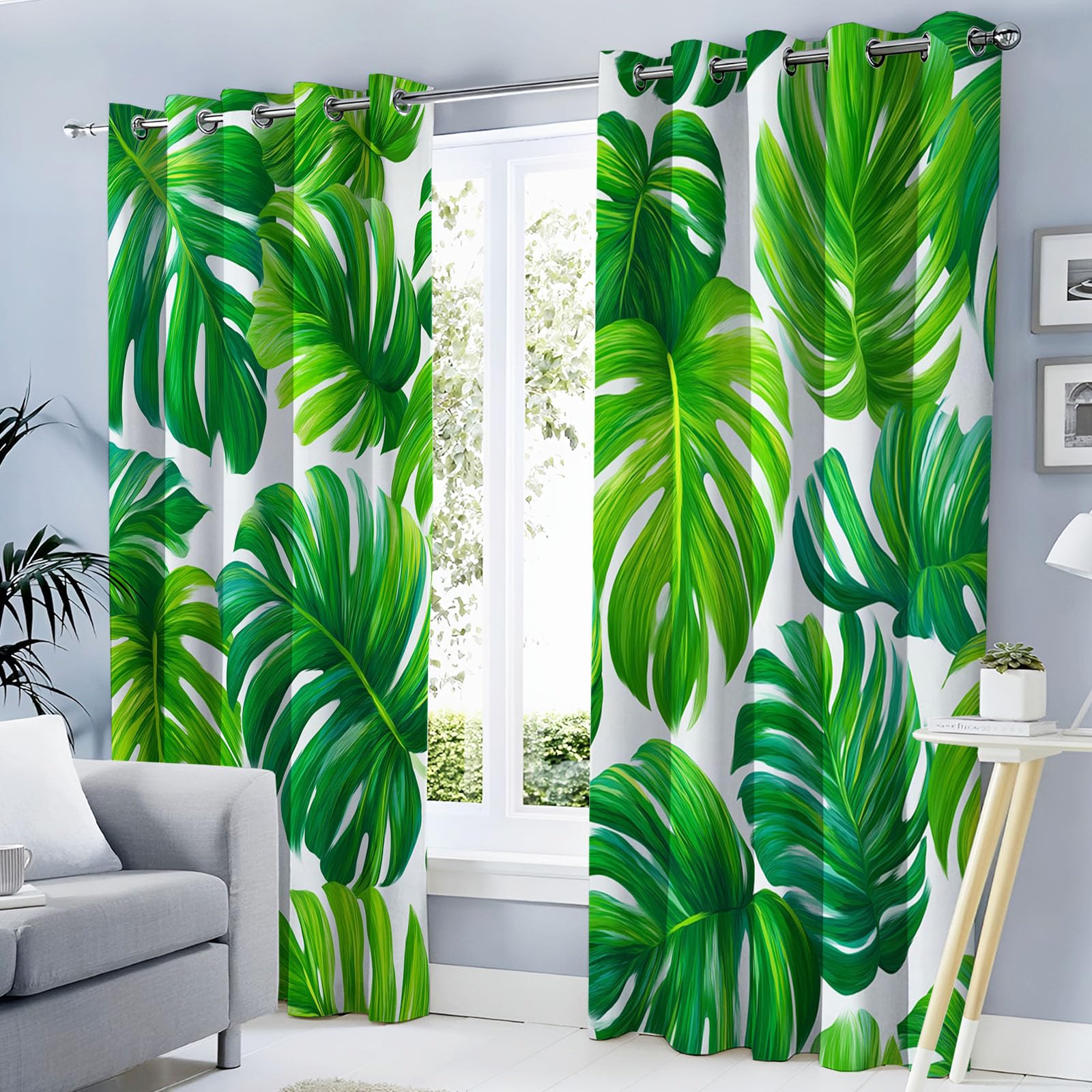 Rideaux occultants 3D Monstera vert émeraude 140x240cm pour salon