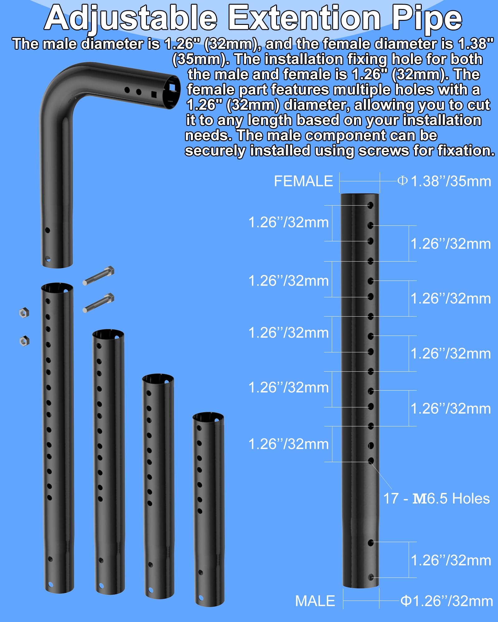 Soporte de montaje para antena de pared larga - Base de montaje para poste de canalón largo, incluye codo de 90°, tubo de extensión, adaptador de conexión y tornillos (negro)