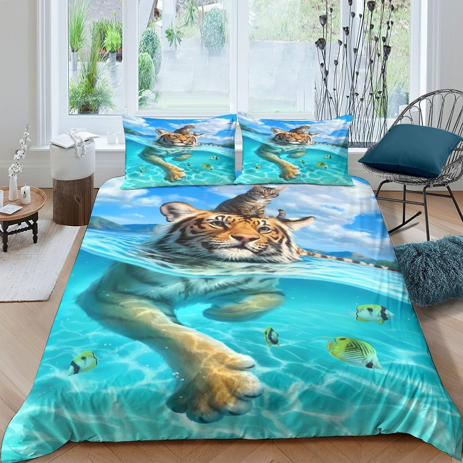 GPLZQXKJNH 3D Printed Swimming Tiger Duvet Cover Set Microfiber Soft Aqua Bedroom Decor Ocean Fish Quilt Cover with 2 Pillowcases Single（135x200cm）