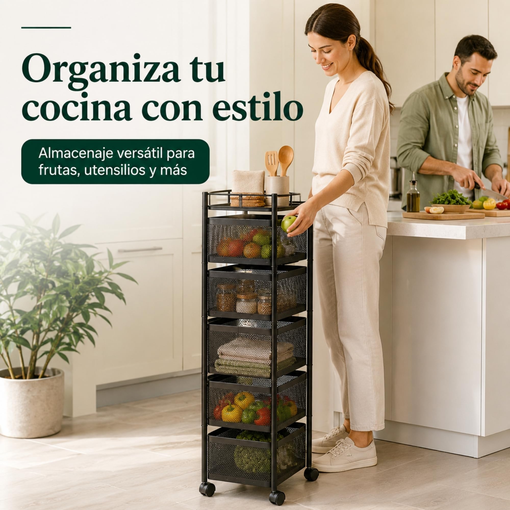 UZIRO Carrito Auxiliar con Ruedas, Verdulero Cocina 90 x 27 x 27 cm con 5 Cestas Giratorias, Ruedas 360° con Bloqueo, Capacidad de Carga de 75 kg, Carrito Organizador, Frutero con Ruedas