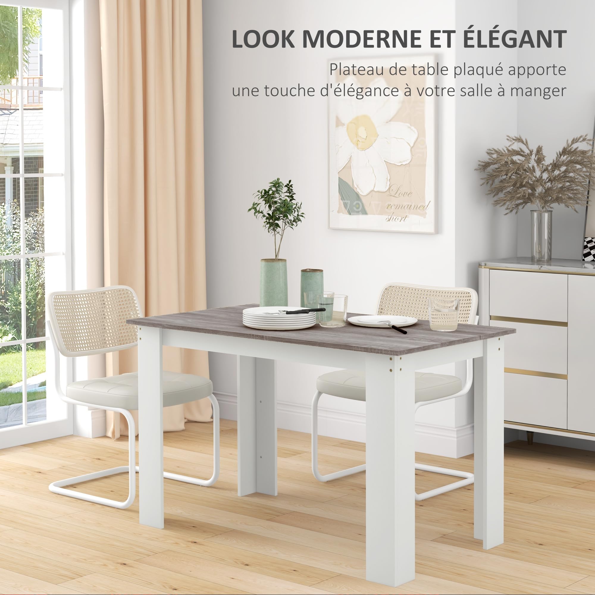 HOMCOM Table à Manger rectangulaire pour 4 à 6 Personnes, Table de Cuisine, 120 x 69 x 75 cm, Style Moderne, Pieds triangulaires Plus Stable, Gris et Blanc