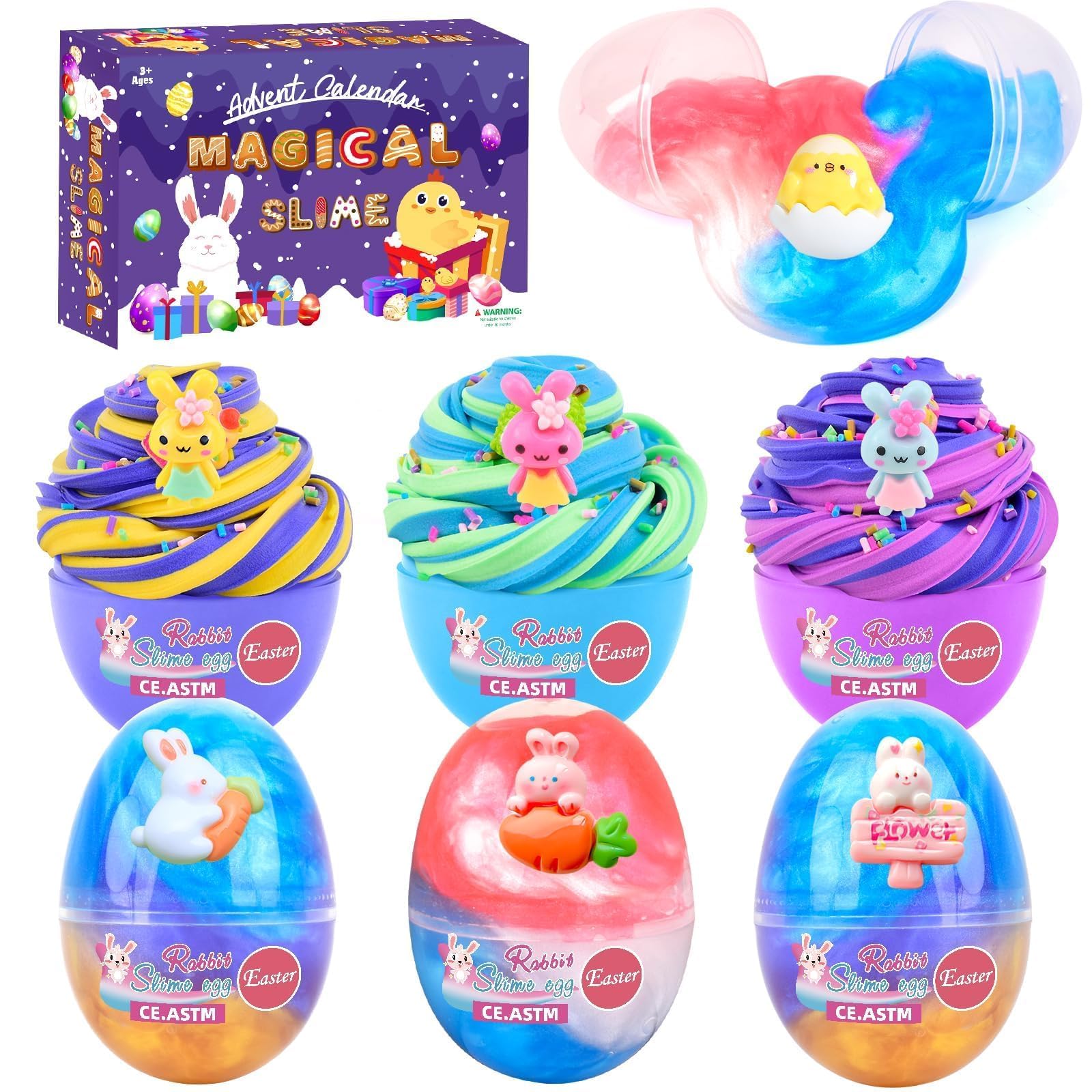 7 Pack Egg Slime Kit with 3 Bicolor Butter 4 Galaxy Slime for Boys Girls 8-12, Clear Making Toy for Party Favor, Sticker Bunny Egg Charm 4-6, Soft Non-Stick Birthday Basket Stuffer
