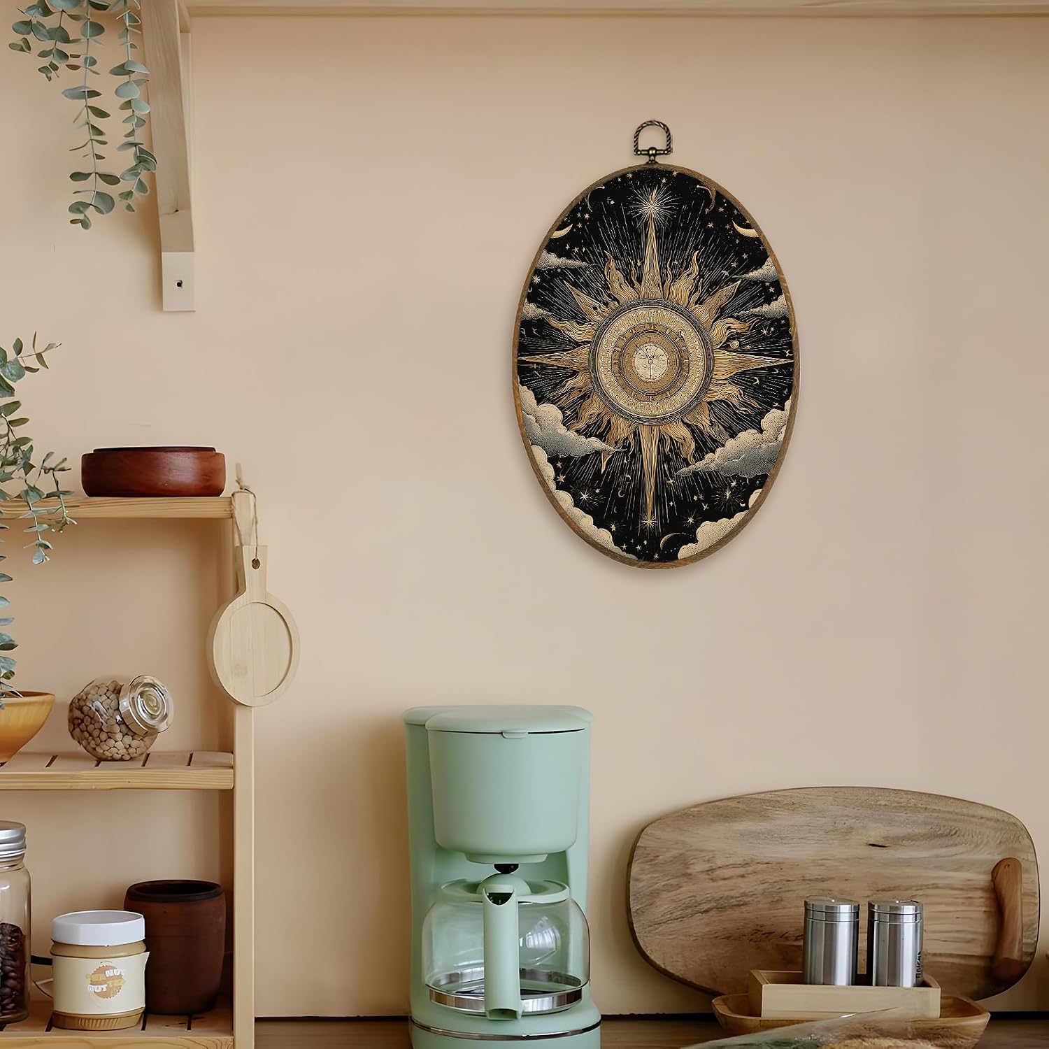 LKETW Boho Sun Moon Oval Wall Art Decor, Mystical Boho Oval Canvas Hanging Decor, Dark Aesthetic Celestial Sun and Moon Wall Decorations for Home Living Room Bedroom, 8.6x11.4 Inch