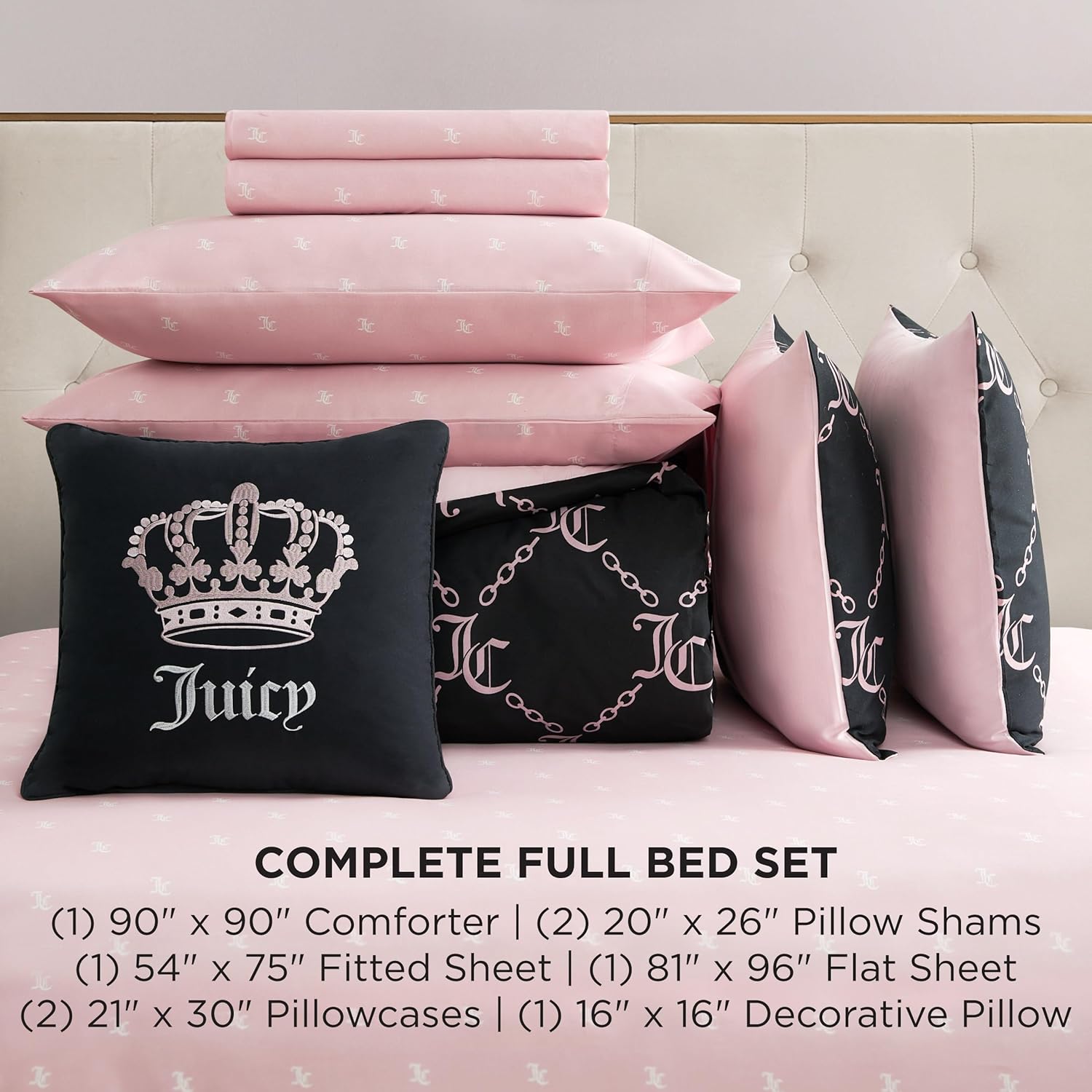 Juicy Couture Black Link Logo Printed Comforter Set, Full – Complete 8-Piece Bed in a Bag Collection Full Black