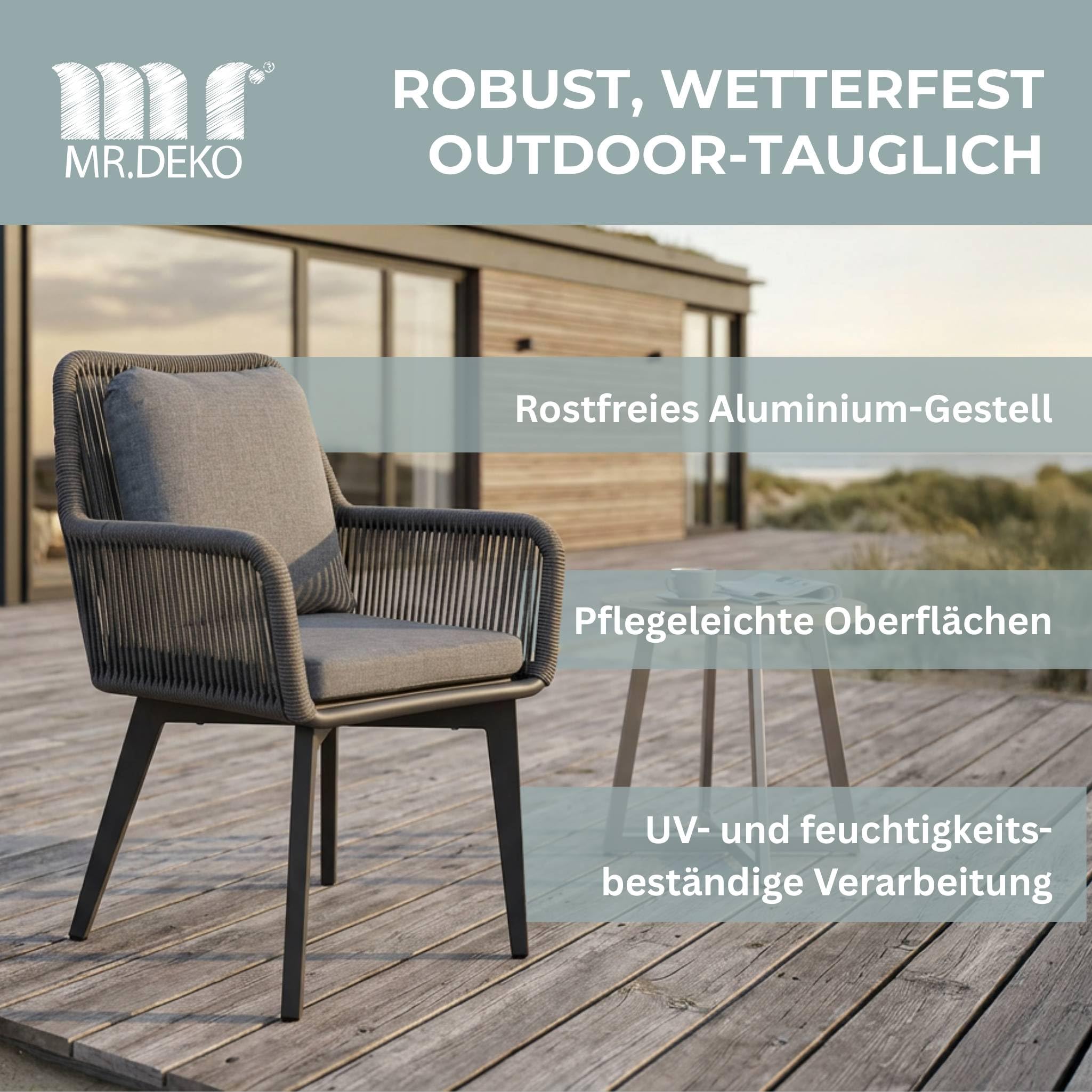 MR. DEKO Gartenstühle Marbella 2er Set Aluminium Rope Gartensessel Balkon