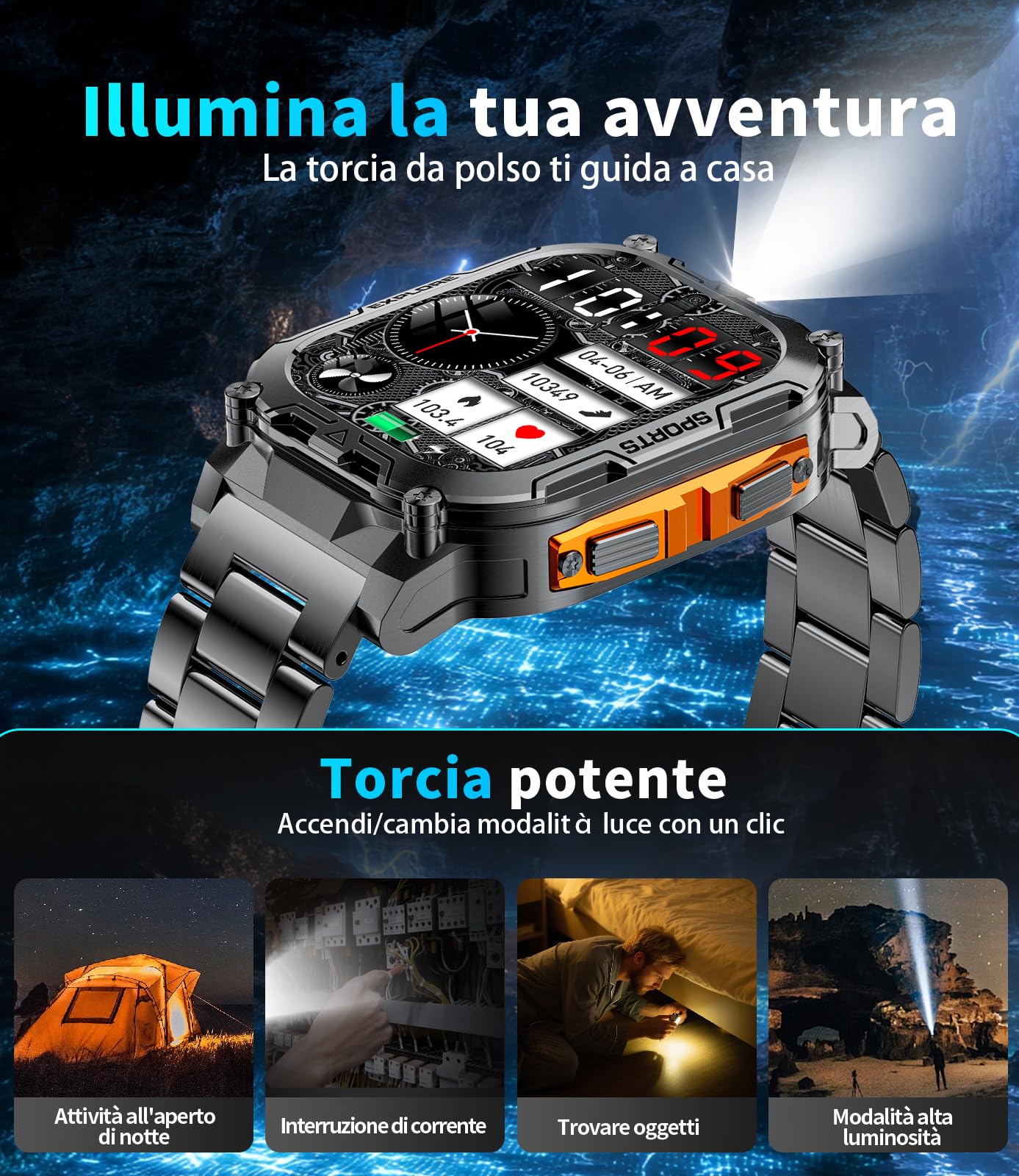 Orologio Smartwatch Uomo, Batteria 1000 mAh con Torcia LED, Orologio Sportivo Display HD 2.01" Quadrato, 100+ Modalità Sport, Impermeabile IP68, Compatibile con Android e iOS (Nero-Arancione)