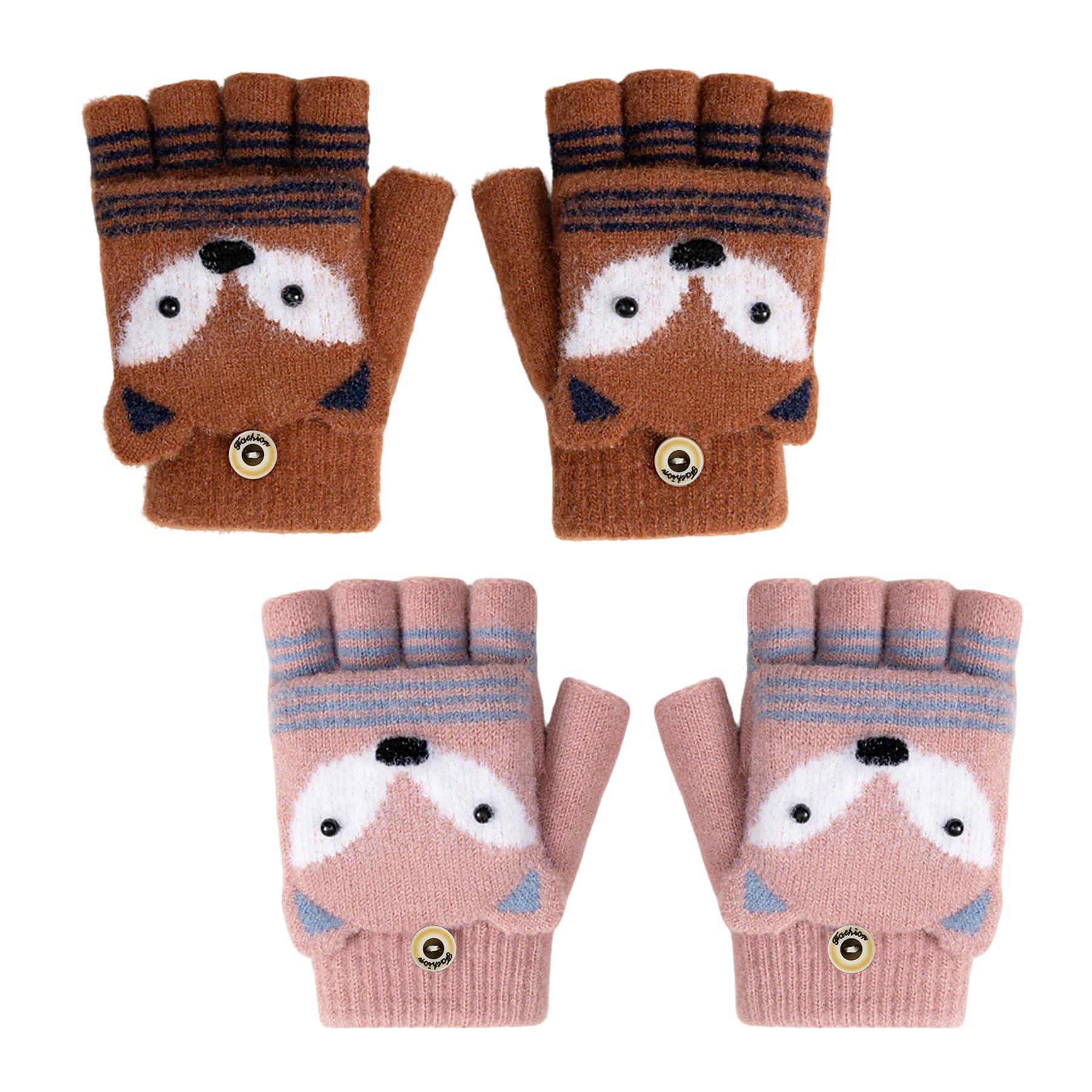 Guantes de invierno sin dedos para niños y niñas, guantes convertibles de zorro de dibujos animados, elásticos, medio dedo, 3-10 años
