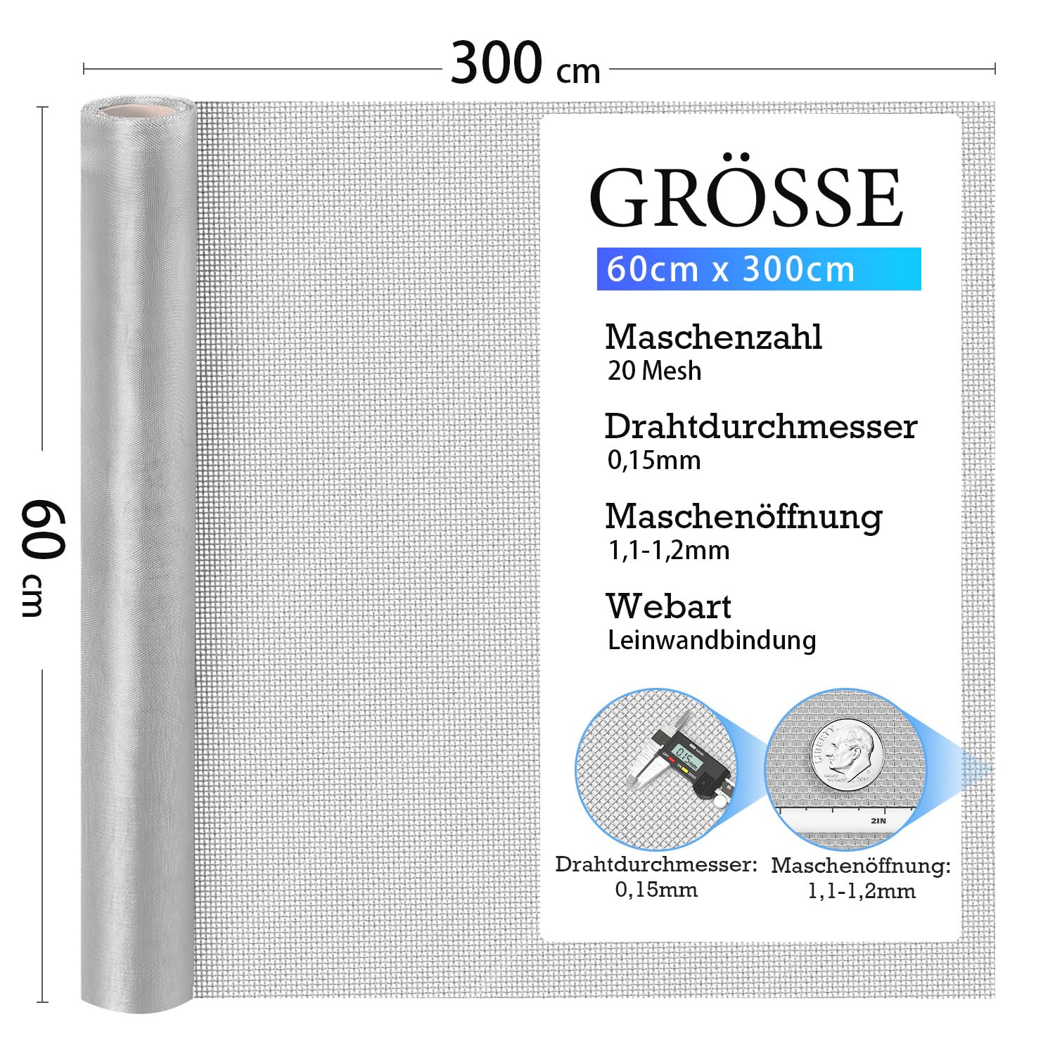 Edelstahl Fliegengitter 304 60x300 cm feinmaschig – Drahtgitter Metall rostfrei, Lichtschachtabdeckung, Kellerschachtgitter, Mäusegitter, Insektenschutz Fenster Türen