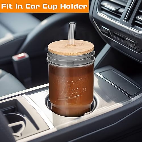 Miniatura 3 de ANOTION - Tazas de vidrio con tapas y pajitas, 4 paquetes, 24 onzas, tazas de café de viaje de bambú tarro de mason, tazas de vidrio lindas