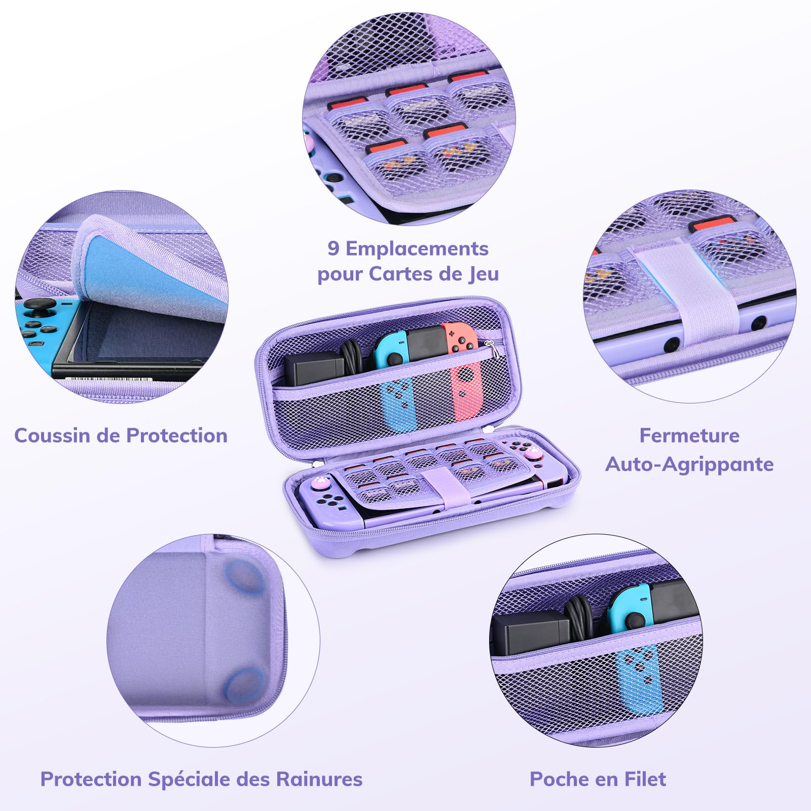 Younik Kit d'accessoires 14 en 1 pour la Switch, Grand étui de transport pour Switch 2017, étui de voyage pour Switch adapté à la console, poignée J-con et chargeur (Violet, Modèle de Bouton)