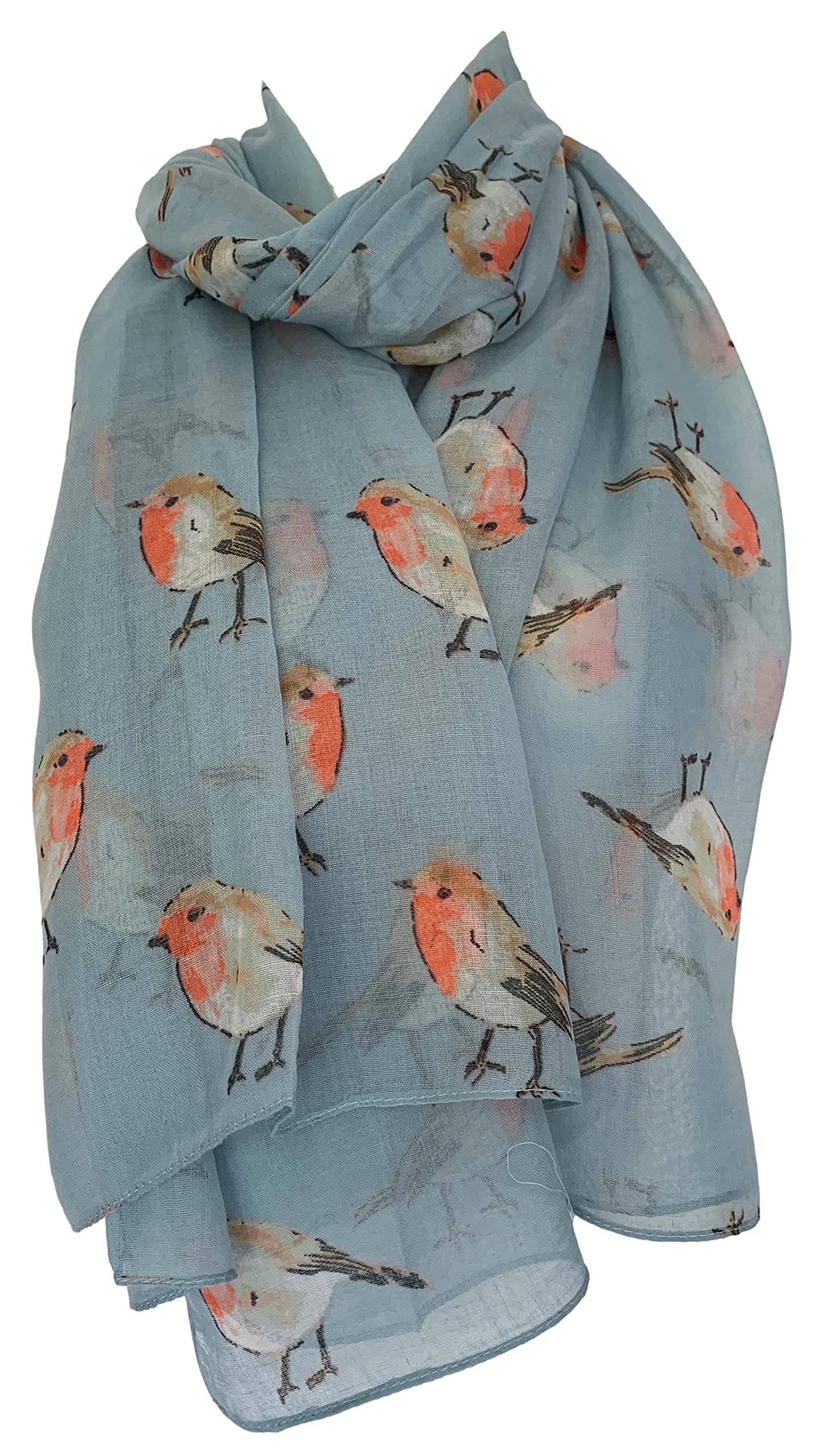 Purple Possum Women's Blue, Light Blue, Pale Blue, Powder Blue, Duck Egg Blue Purple Possum® Blue Robin Print Scarf, Pale Blue Birds Wrap, Large Bird Shawl, Red Robins