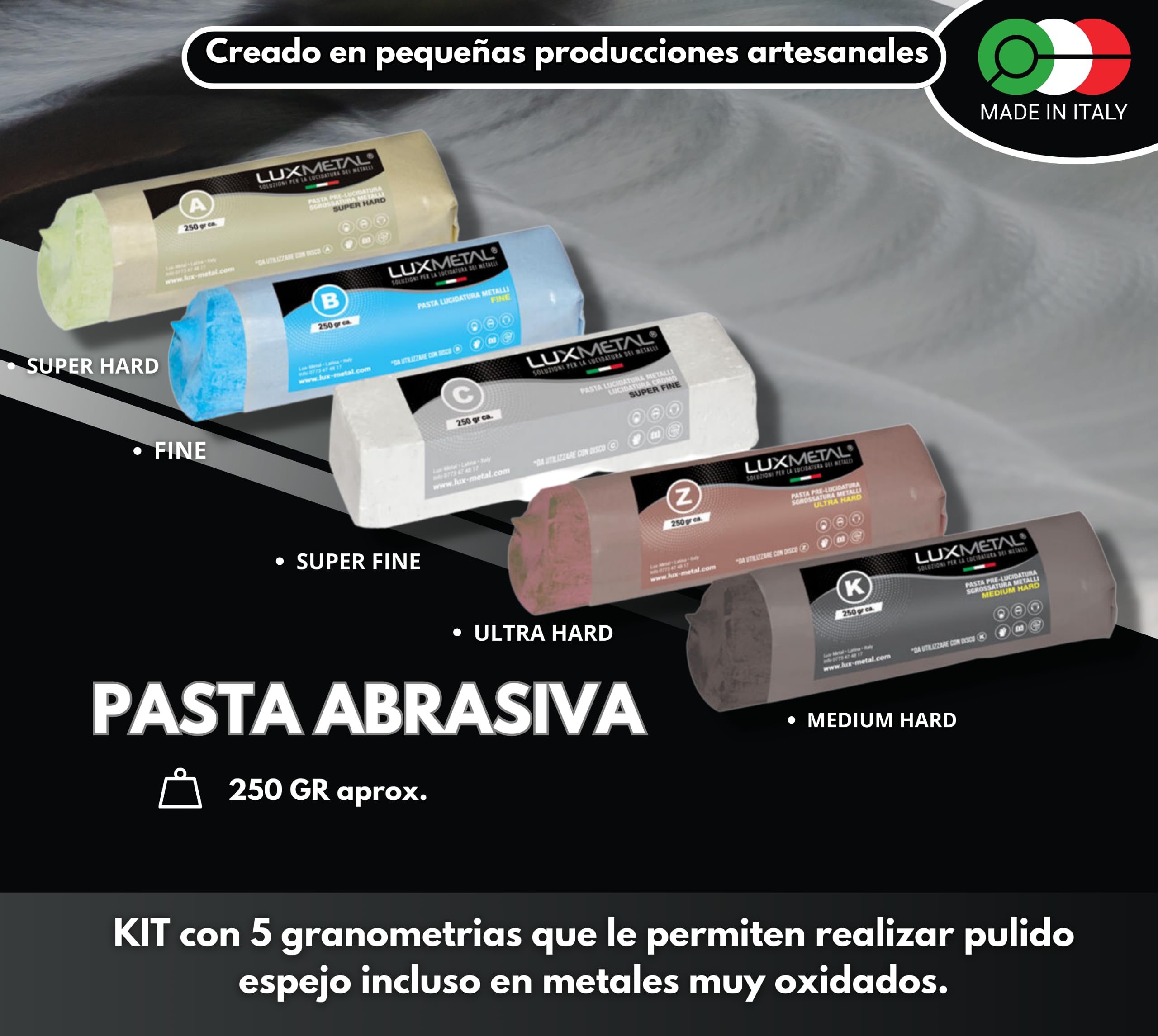 Lux Metal - Kit de Pulido 5 pastas de Pulido abrasivas 250 g 5 Discos de Pulido 100 mm en algodón muelas abrasivas para pulir Metales de Acero Inoxidable Pulido de Aluminio latón Cromo Fieltro Cobre