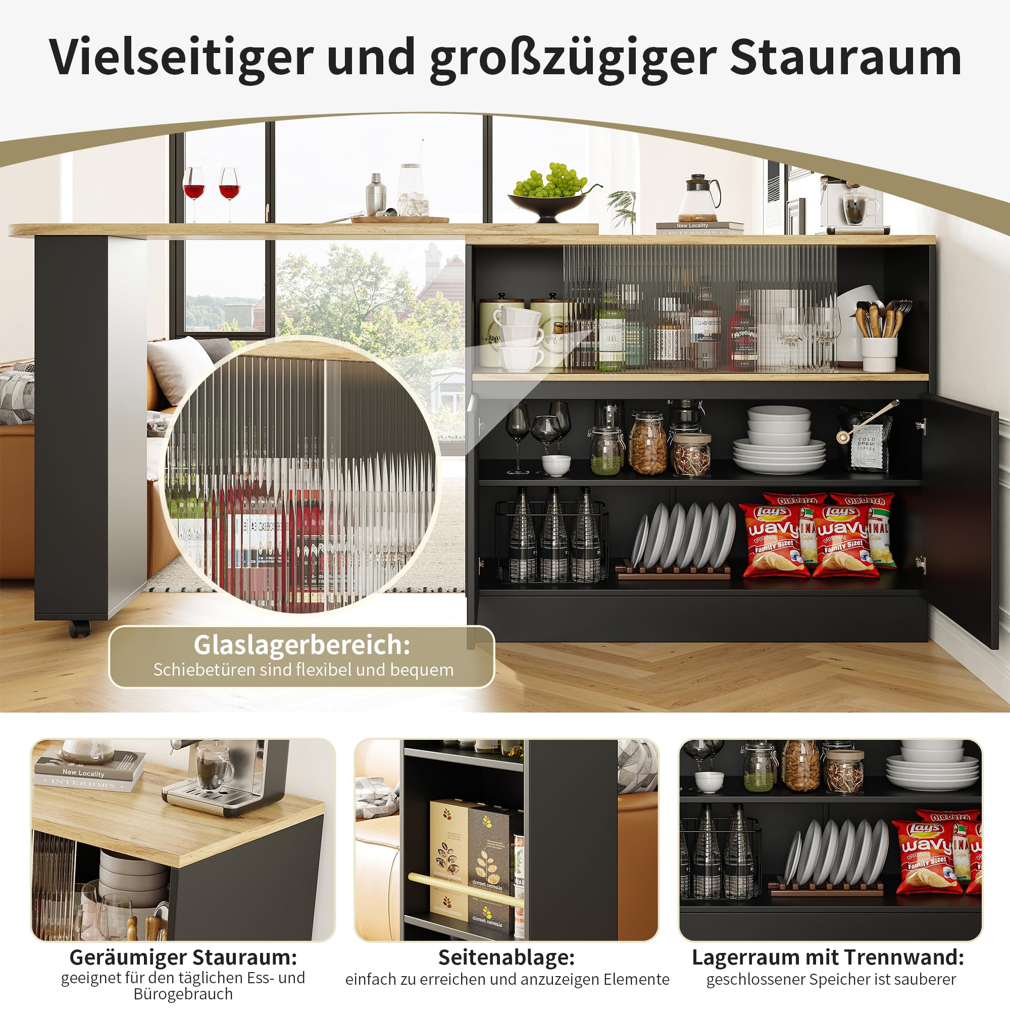 Merax Ausziehbarer Bartisch mit Stauraum, 360° drehbarer Beweglicher Bartisch Küchentheke Kücheninsel Kaffeeecke, mit Offene Ablagefächer, Glasschiebetür, Schwarz/120-180 x 45 x 103 cm