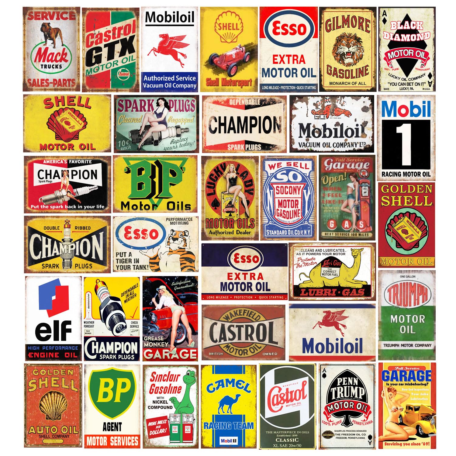 Tin Signs 35 Pieces Reproduced Vintage, Gas Oil Retro Advert Antique Metal Signs for Garage Man Cave Bar Kitchen, Nostalgic Car Decor.8x12 Inch
