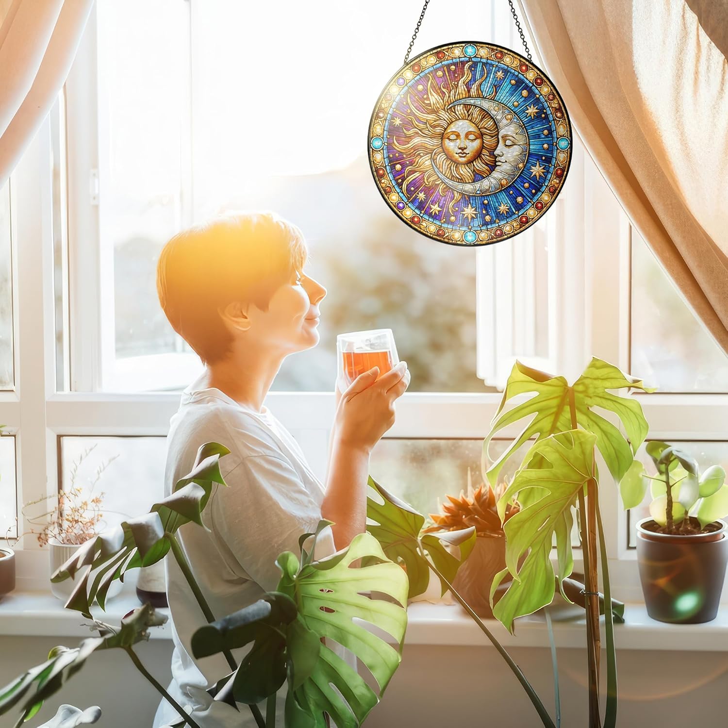 FLAGWIX Spiritual Gifts for Women Men - Stained Glass Window Hanging 8 in for Sun and Moon Decor - Sun Catchers Indoor Window, Boho Suncatchers for Celestial Decor - Image 7