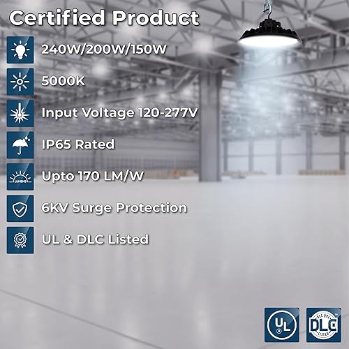 Miniatura 5 de Actualizada Luz LED UFO de 150 W de alta bahía, listada por UL, ultra elegante y brillante, luz diurna de 5000 K, 17250 lm con cable de 6 pies con