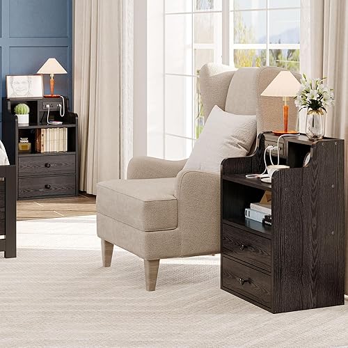 Miniatura 7 de LIKIMIO Mesita de noche negra con estación de carga LED, 2 cajones y estantes de almacenamiento, enchufes intercambiables izquierdo y derecho, mesa