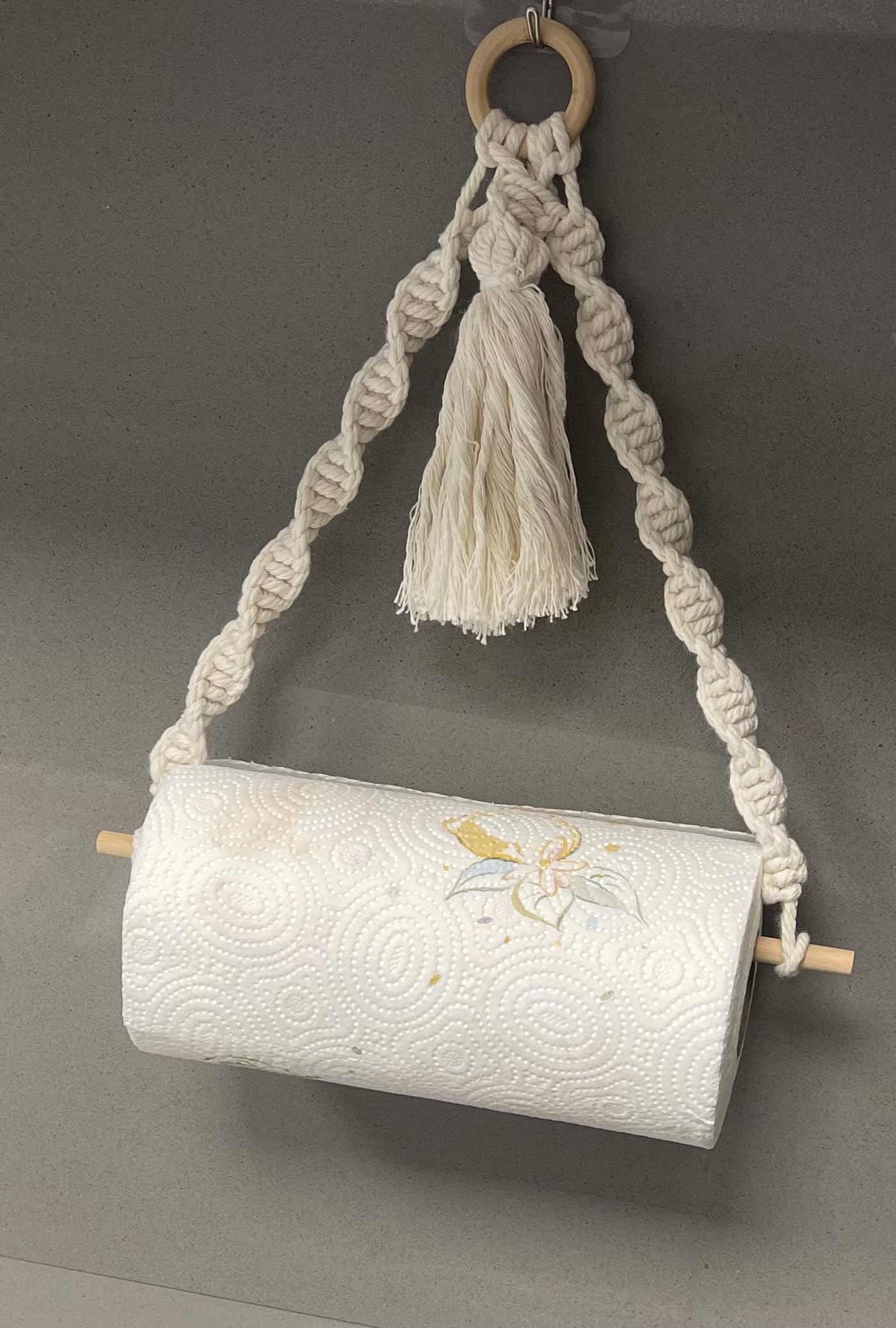 The Boho Edits- Handmade Cotton Macrame & Wood Hanging Roll Holder Boho Chic Rustic Kitchen & Bathroom Wall Organizer for Towels, Wrapping Paper, toilet roll"