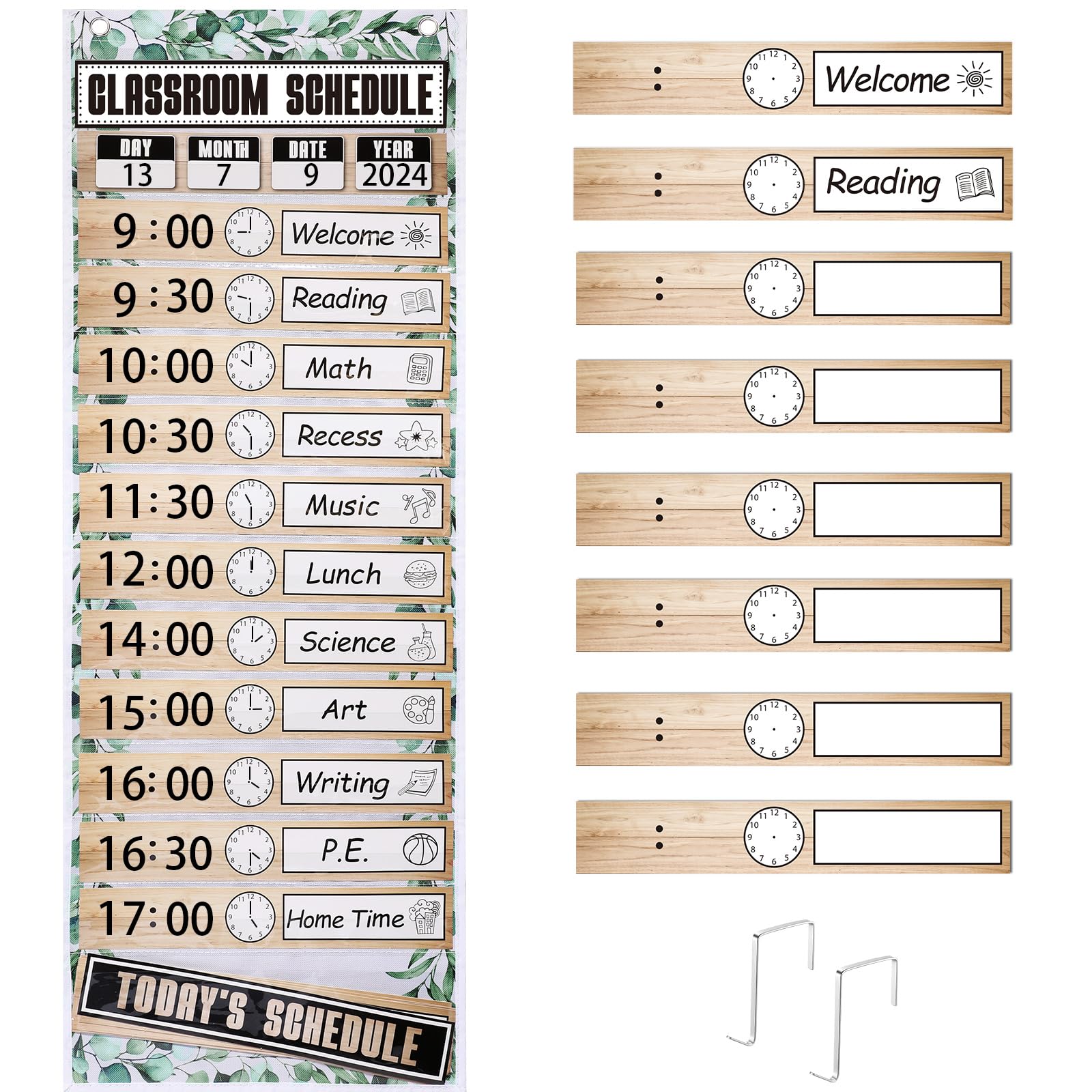 MotiMind Daily Schedule Pocket Chart for Classroom, Calendar Pocket Chart 13+1 Pockets, 21 Reusable Cards for Classroom School 13" x 36" (Rustic Color