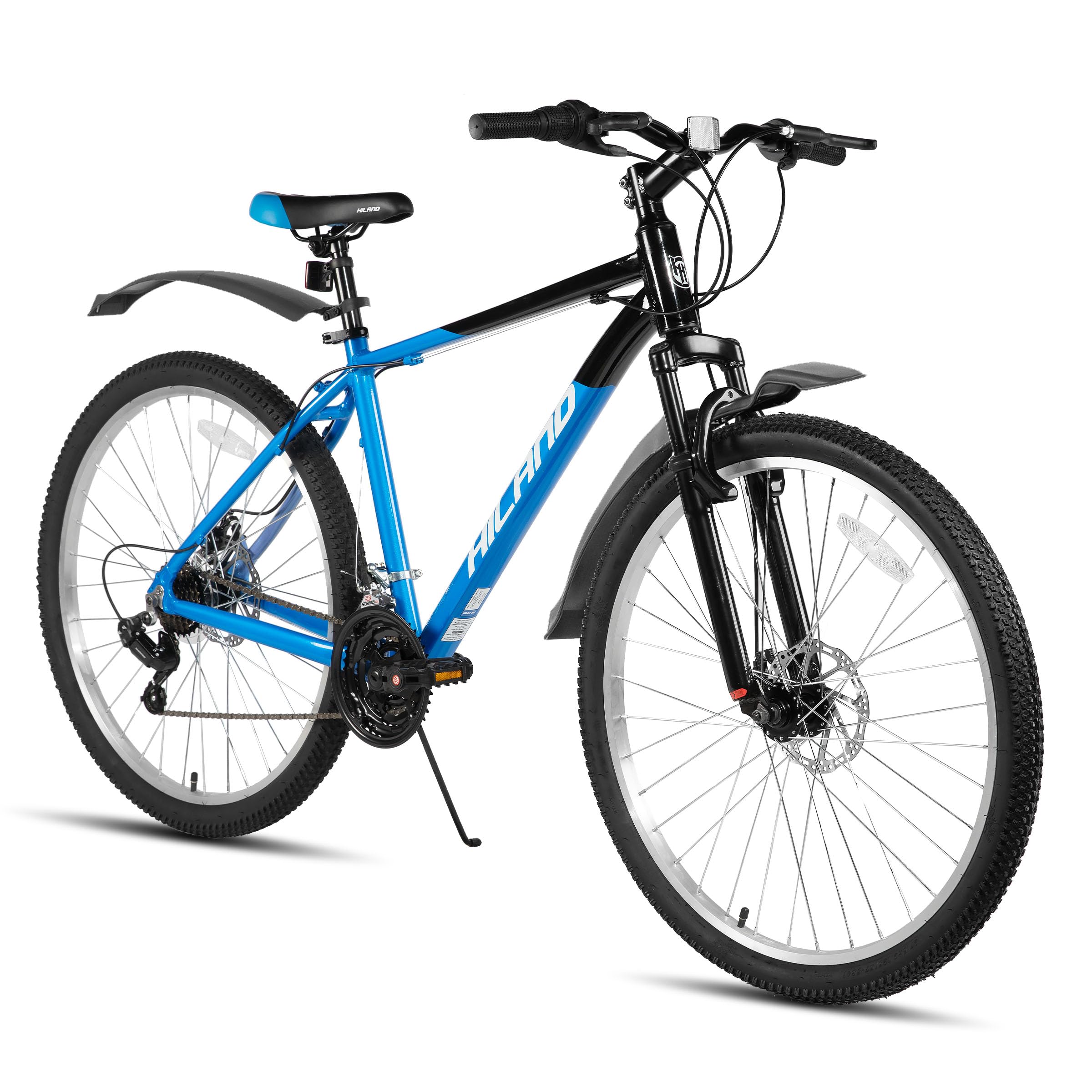 HILAND Mountain Bike 26/27,5 Pollici, 18 Velocità, MTB con Forcella Ammortizzata, Telaio in Alluminio e Freni a Disco, per Uomo e Donna, Nero/Blu/Arancione