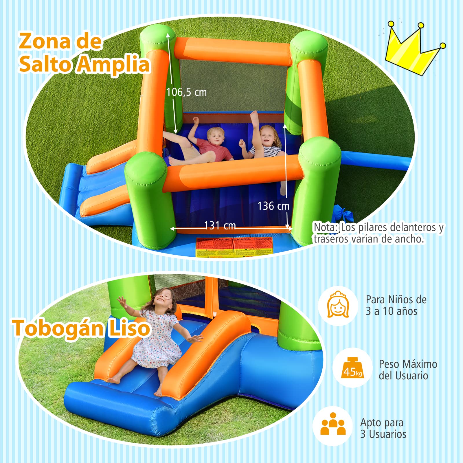 COSTWAY Castillo Hinchable, 2 en 1 Castillo Hinchable para Niños 3 a 10 años, 250 x 195 x 143 cm, Insuflavel Crianças Interior Exterior (sin Solplador)
