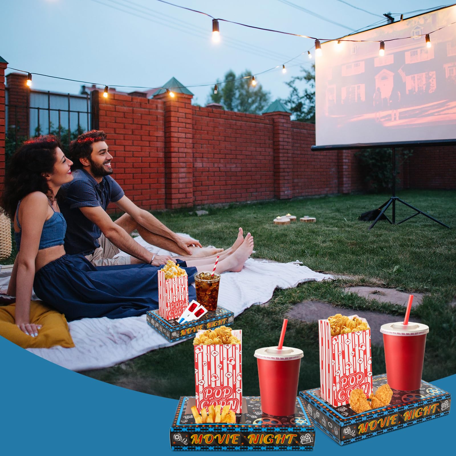 Kingrol Forniture per la notte del cinema, 100 pezzi, 50 vassoi per snack e 50 sacchetti per popcorn, usa e getta, per popcorn, caramelle, bevande, forniture per feste Home Theater e facile pulizia