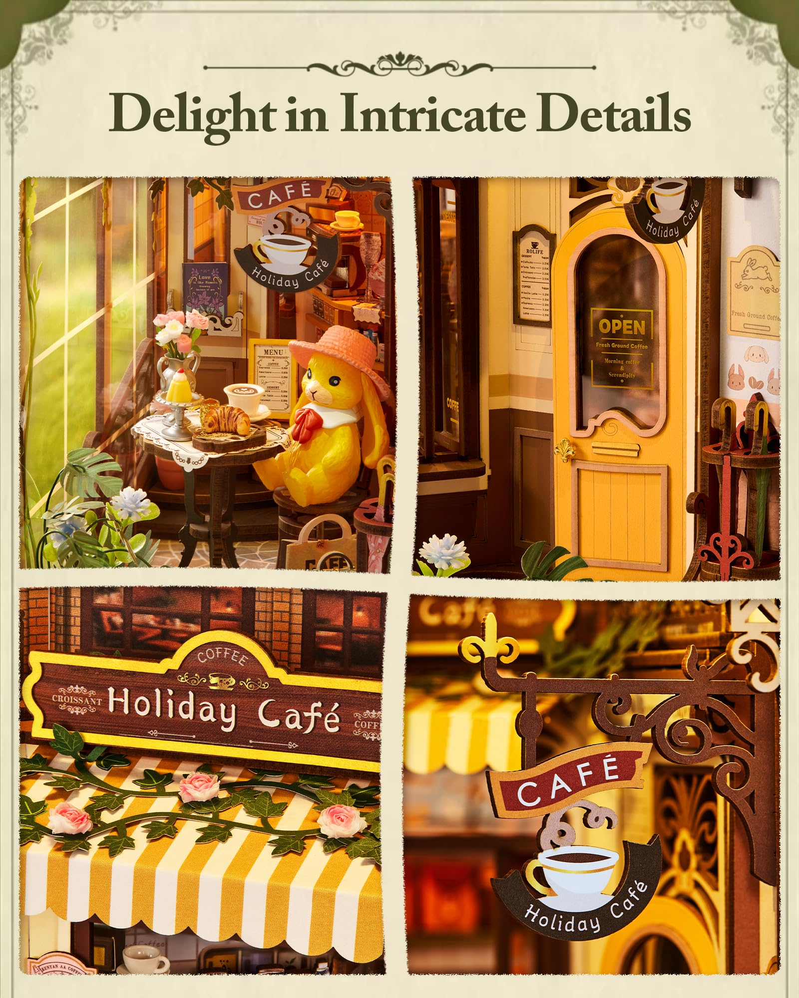 ROBOTIME Book Nook Kit per adulti – Holiday Café, kit fai da te casa in miniatura, decorazione per libreria, regalo creativo per ragazzi e adulti