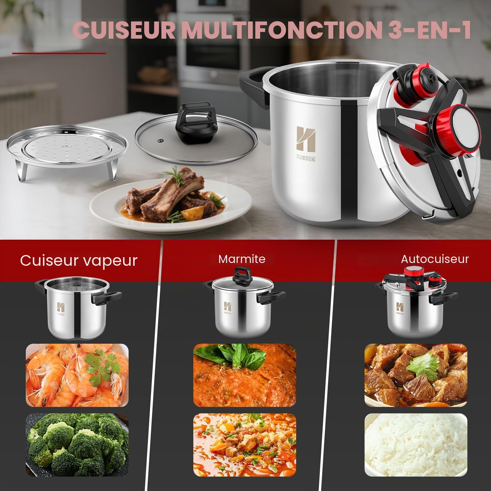 Huanyu Autocuiseur 3 en 1 Autocuiseurs en acier inoxydable de 7 litres avec plaque vapeur et couvercle en verre Autocuiseur antidéflagrant adapté à tous les types de plaques de cuisson (7 L)