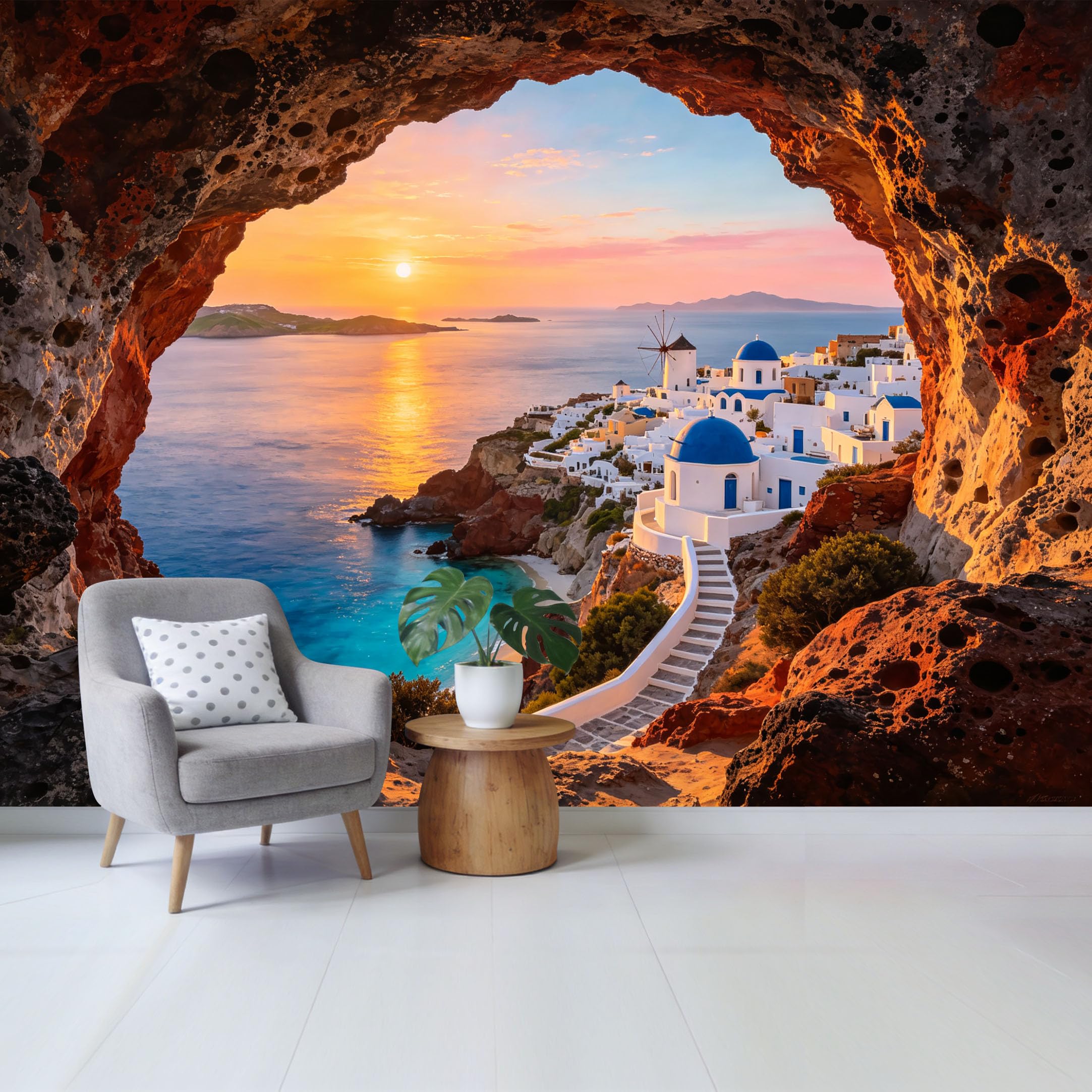Custom Size Wall Mural Mediterranean Sea Cave View Sunset Coastal Landscape 3D Trompe L'Oeil Removable Self Adhesive Fabric，Home Wall Decor for Living Room Bedroom Bathroom