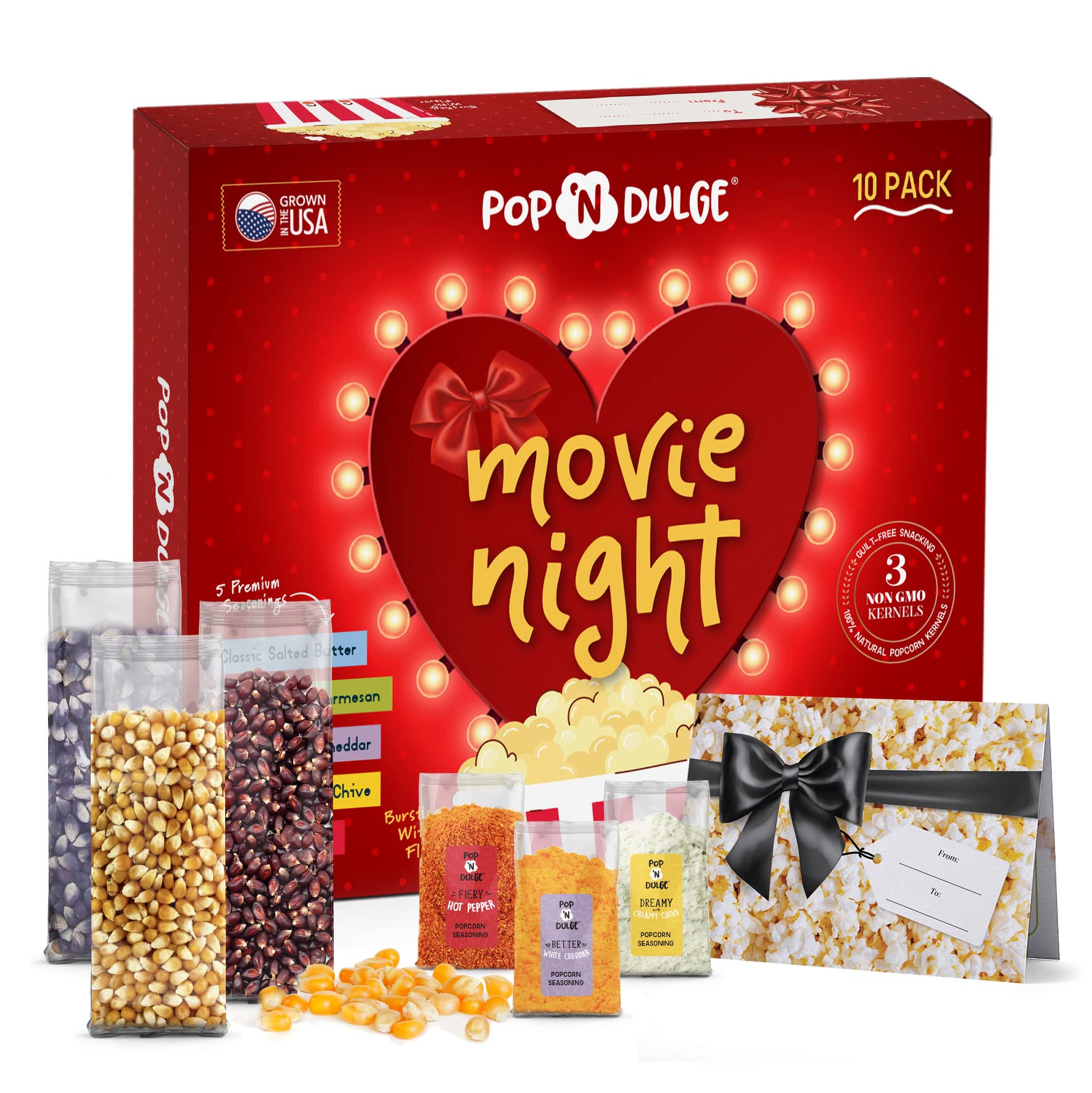 Mothers Day Gifts Movie Night Popcorn Gift Set, Mothers Day Gifts For Wife, 10 Piece Set, 5 Gourmet Popcorn Kernels and 5 Popcorn Seasoning Flavoring, Kosher, Non-GMO Movie Night Gift Baskets Gift Idea For Mom, Wife, Daughter