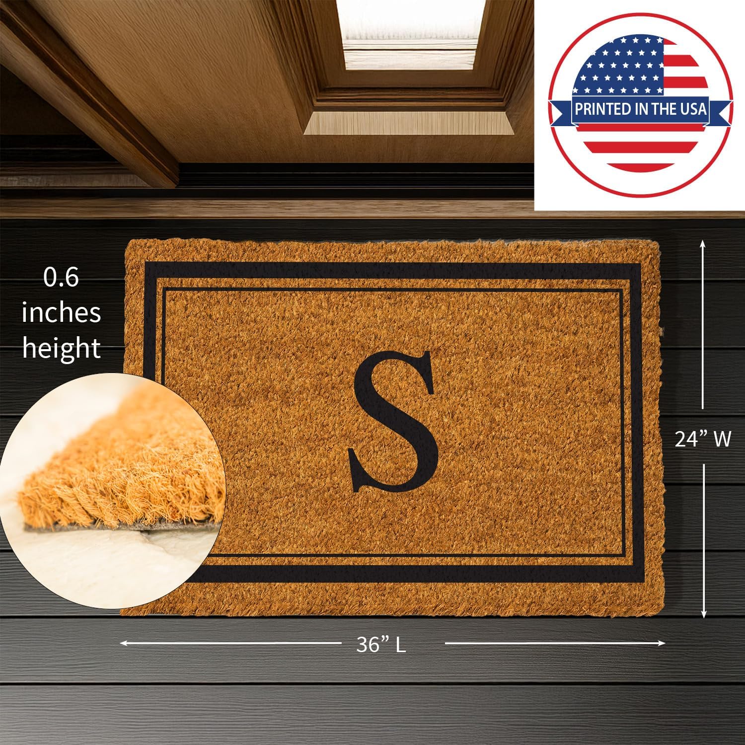 Evergreen Monogram Large Coir Doormat, 36x24 Inches Front Door Mat for Outdoor Indoor Entrance, Welcome Mat, Non Slip Doorway Mat for Home Decor Housewarming Gift, Letter S