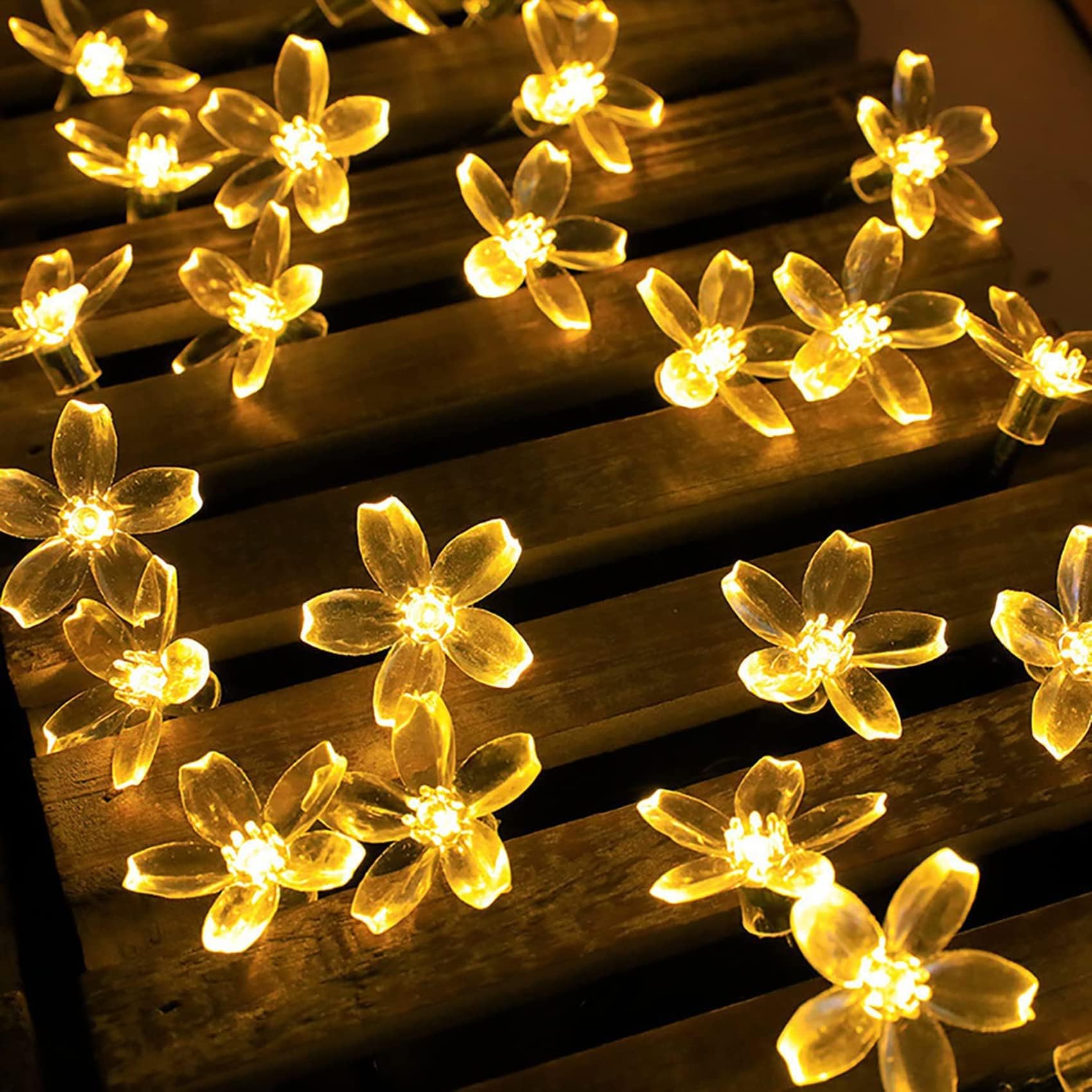 Luces de cadena solares al aire libre, con luces de hadas de flor de cerezo impermeables remotas 72 pies 200 Guirnalda de luces solares LED con 8 modos de iluminación (Blanco cálido)