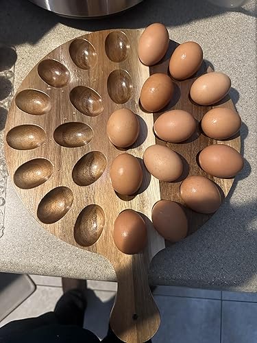 Miniatura 5 de Plato de huevo Deviled 25 agujeros redondo reversible plato de huevos devilados y tablero de embutidos, plato de madera de acacia de calidad premium