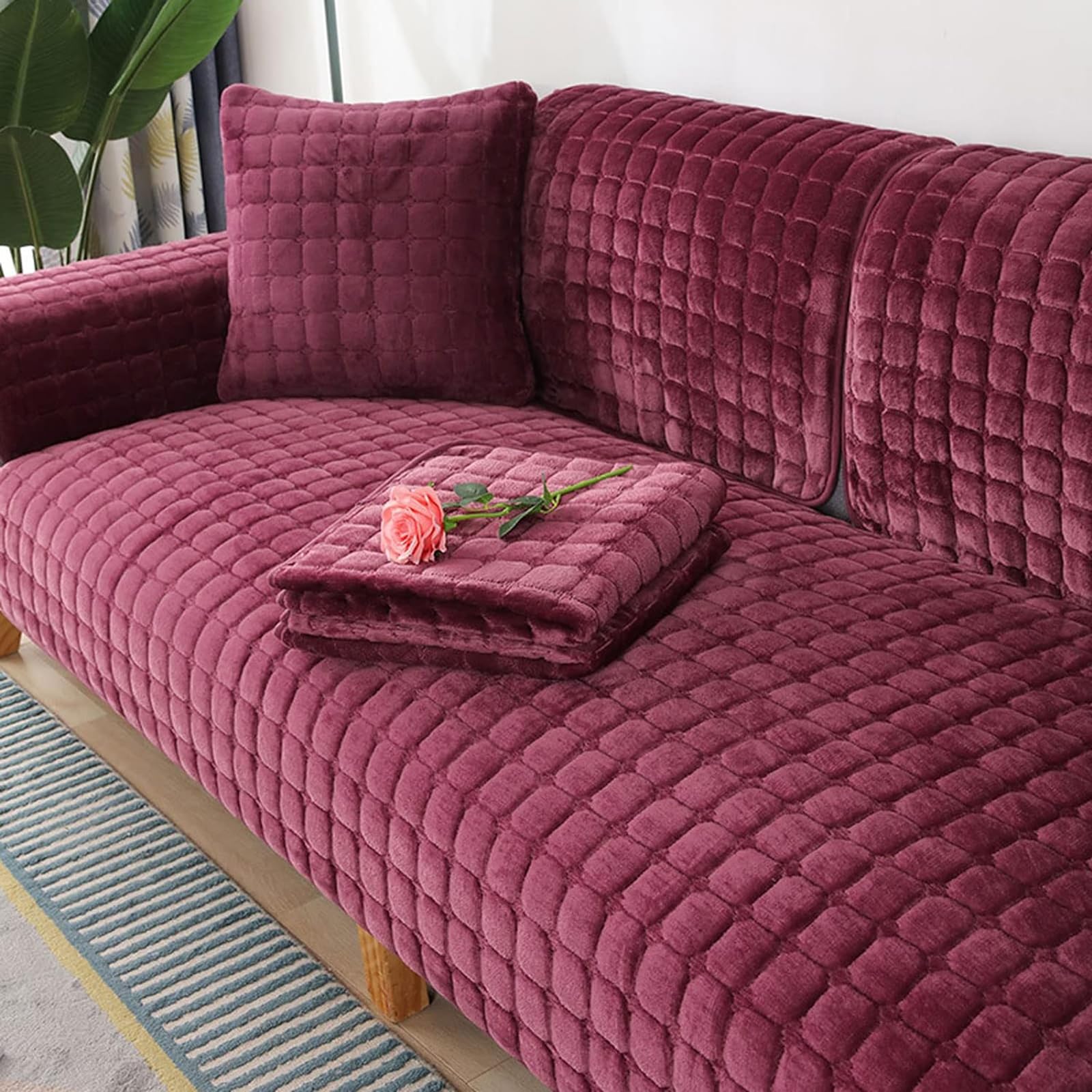 Velvet Sofa Cover 1 2 3 4 Seater, Dog Cat Sofa Protector Anti-Slip Couch Cover L Shape, Soft Sofa Cover Corner Sofa Sofa Protective Cover with Non-slip Base,Purple,110x240cm