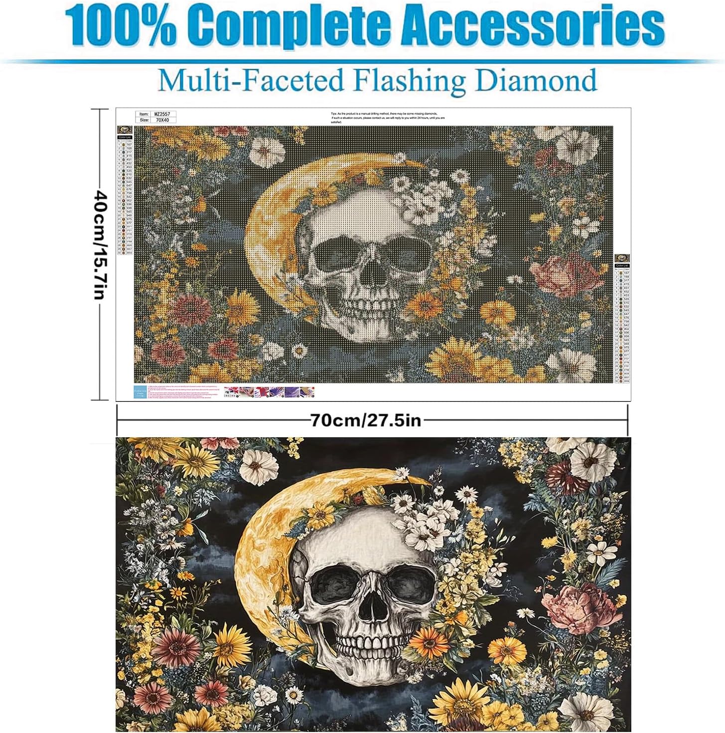 Lophomie Extra Large Diamond Painting Kits for Adults, 5D Full Drill Diamond Art Kits, Easy DIY for Beginners, Relaxing Arts and Crafts, Home Decor & Gift, 28x16 Inch(Flower Moon Skull)