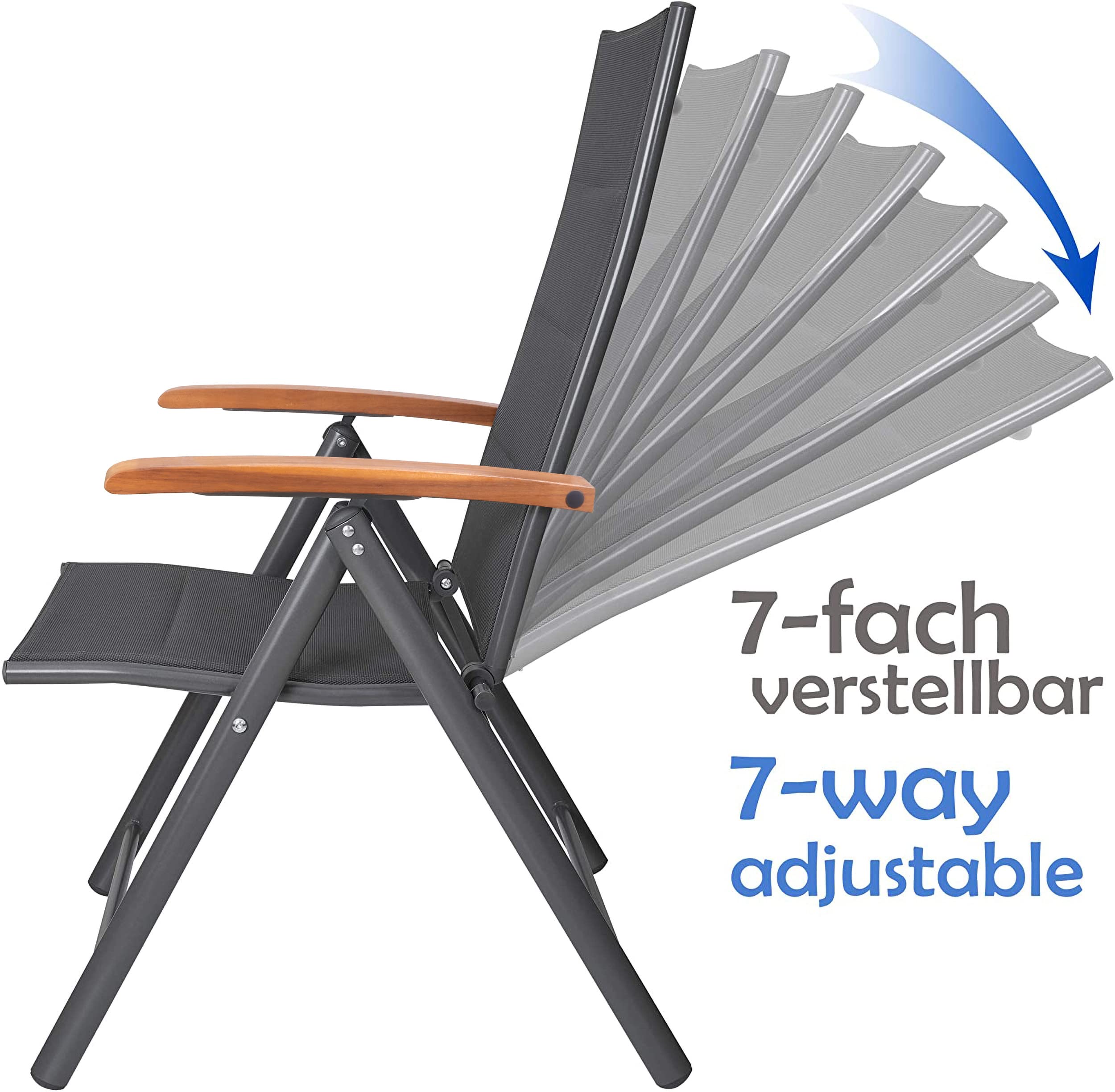 BRUBAKER 2er Set Gartenstühle Verona - Faltstühle klappbar | 7-Fach verstellbare Rückenlehnen - wetterfeste Klappstühle mit Polsterung und Holz Armlehnen - Anthrazit