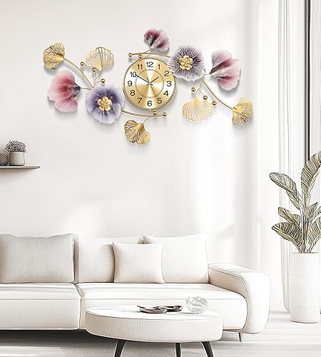 Miniatura 6 de Relojes de pared para la decoración de la sala de estar,Reloj de pared grande,Diseño creativo de hoja de Ginkgo de metal 3D