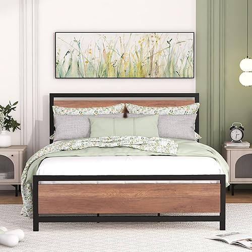 Miniatura 9 de Base de cama de plataforma tamaño Queen con cabecera de madera rústica vintage, marco de cama resistente con almacenamiento, no necesita somier,