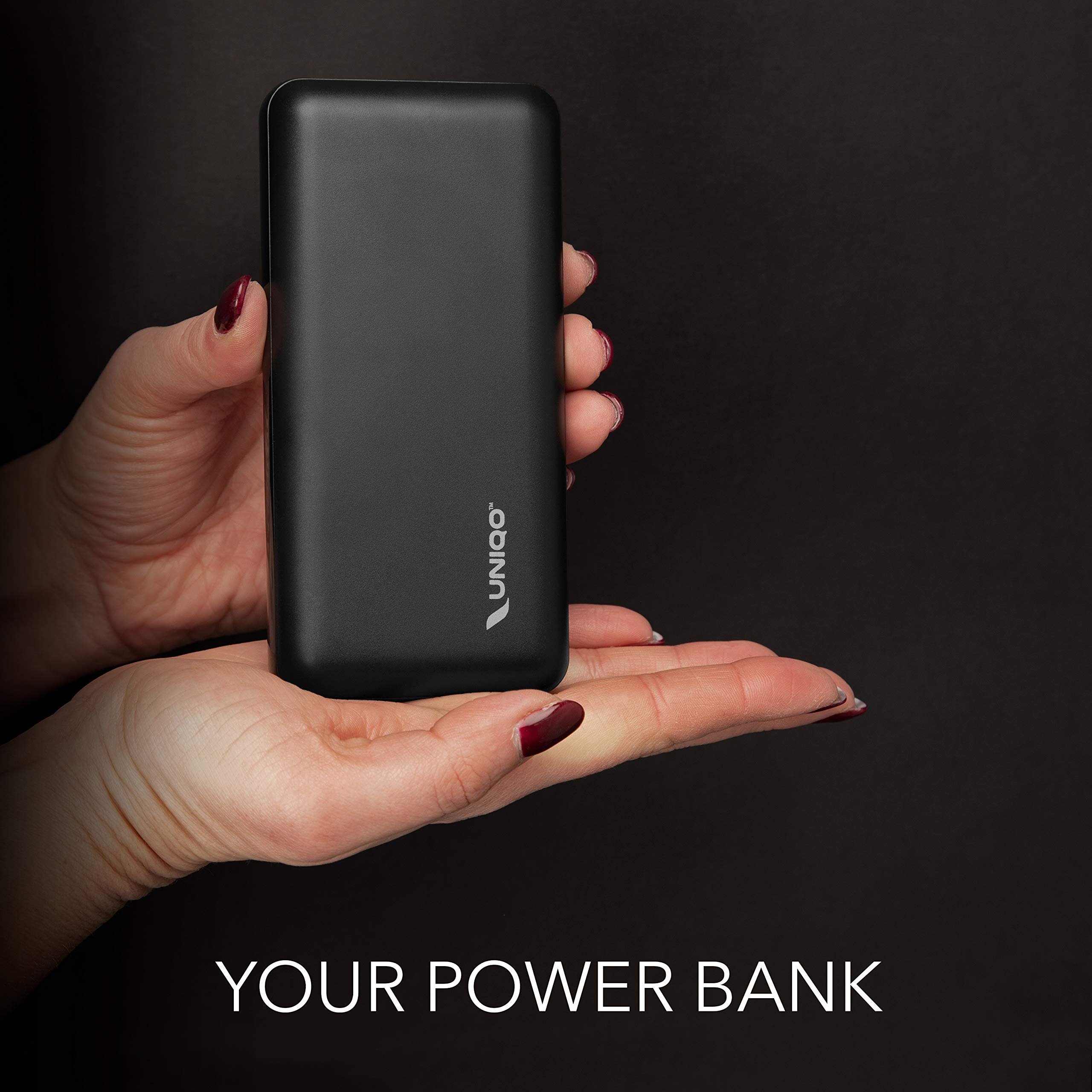UNIQO Powerbank da 20000 mAh a per smartphone Android e iPhone 15/14/13 e precedenti, ricarica rapida con 2 porte USB, ricarica 8 volte lo smartphone, 4 LED di stato, cavo di ricarica incluso