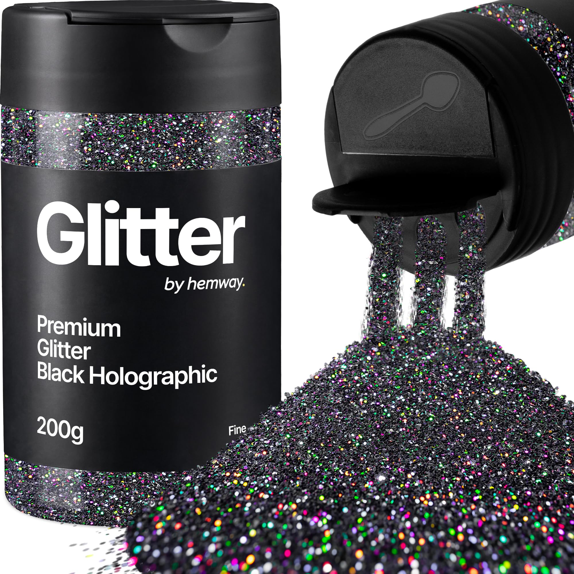 Hemway Black Holographic Glitter Shaker, 200g Fine Glitter for Crafts Metallic Flake Sequins for Resin & Epoxy Crafts for Decorating, Halloween, Christmas, Nail, Face, Art